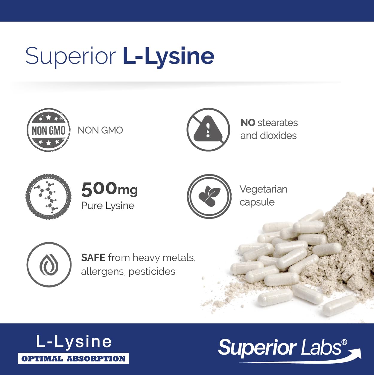 Cápsulas L-Lisina 500 mg de Superior Labs para apoyo diario de bienestar.