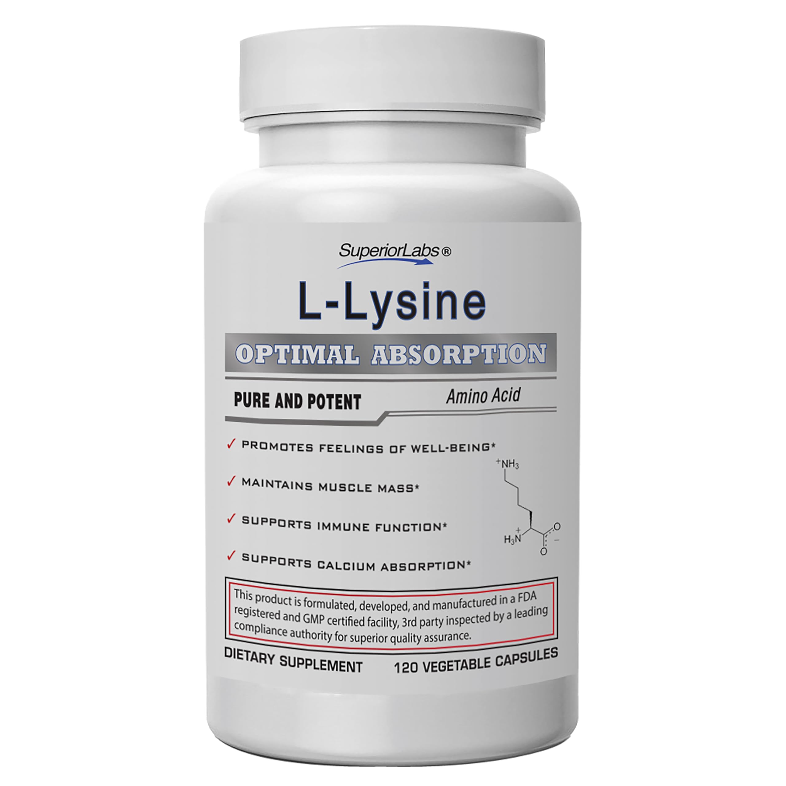 Superior Labs L-Lisina 500 mg cápsulas, empaque visible para uso diario.