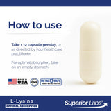 Etiqueta clara de Superior Labs L-Lisina 500 mg para identificar ingredientes sin aditivos.