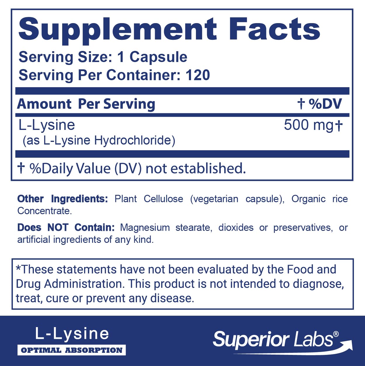 Superior Labs L-Lisina 500 mg, primer plano del frasco para fácil almacenamiento.