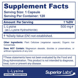 Superior Labs L-Lisina 500 mg, primer plano del frasco para fácil almacenamiento.