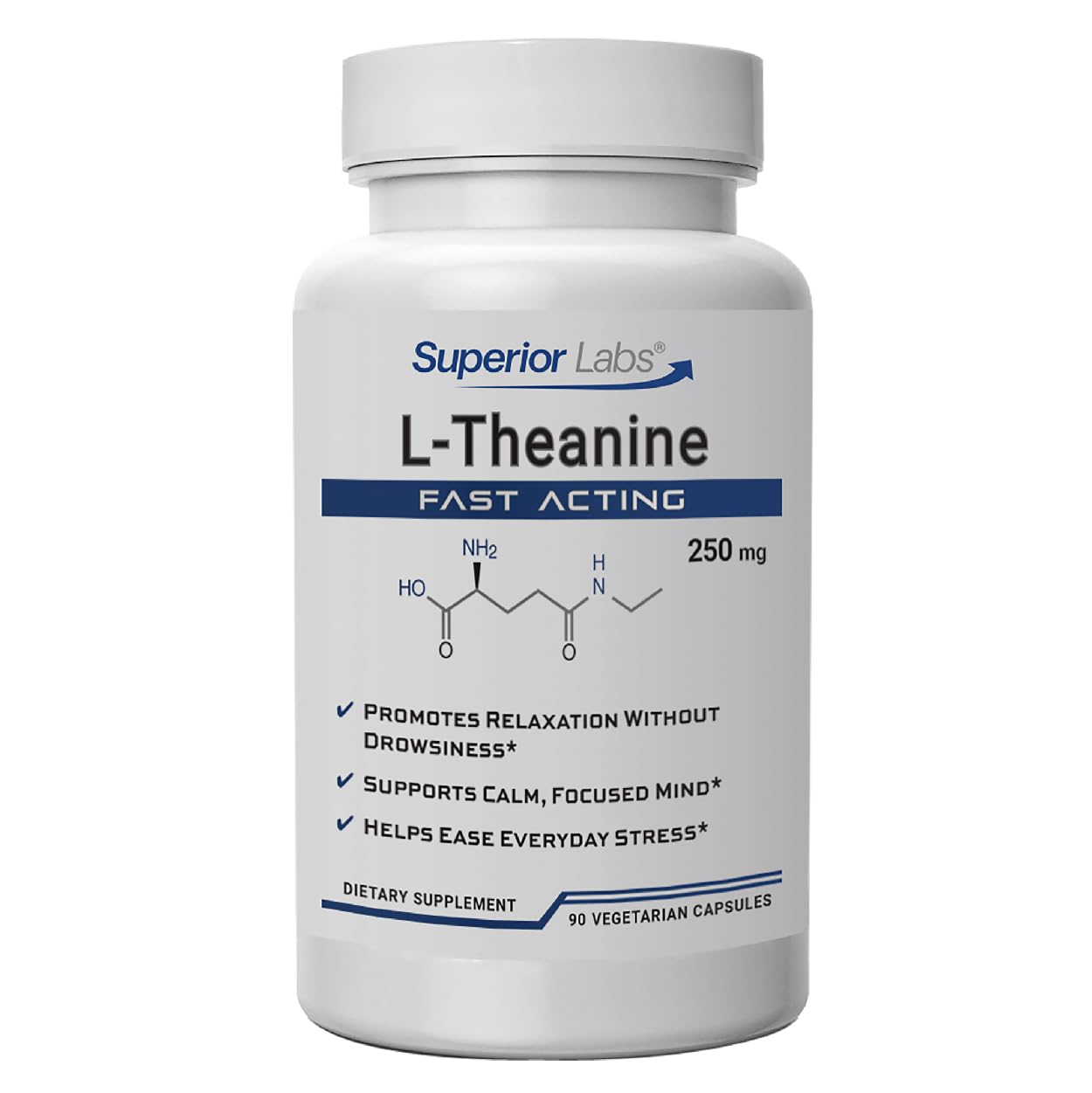 Superior Labs L-Theanine: cápsulas en botella vegana para uso diario y relajación suave.