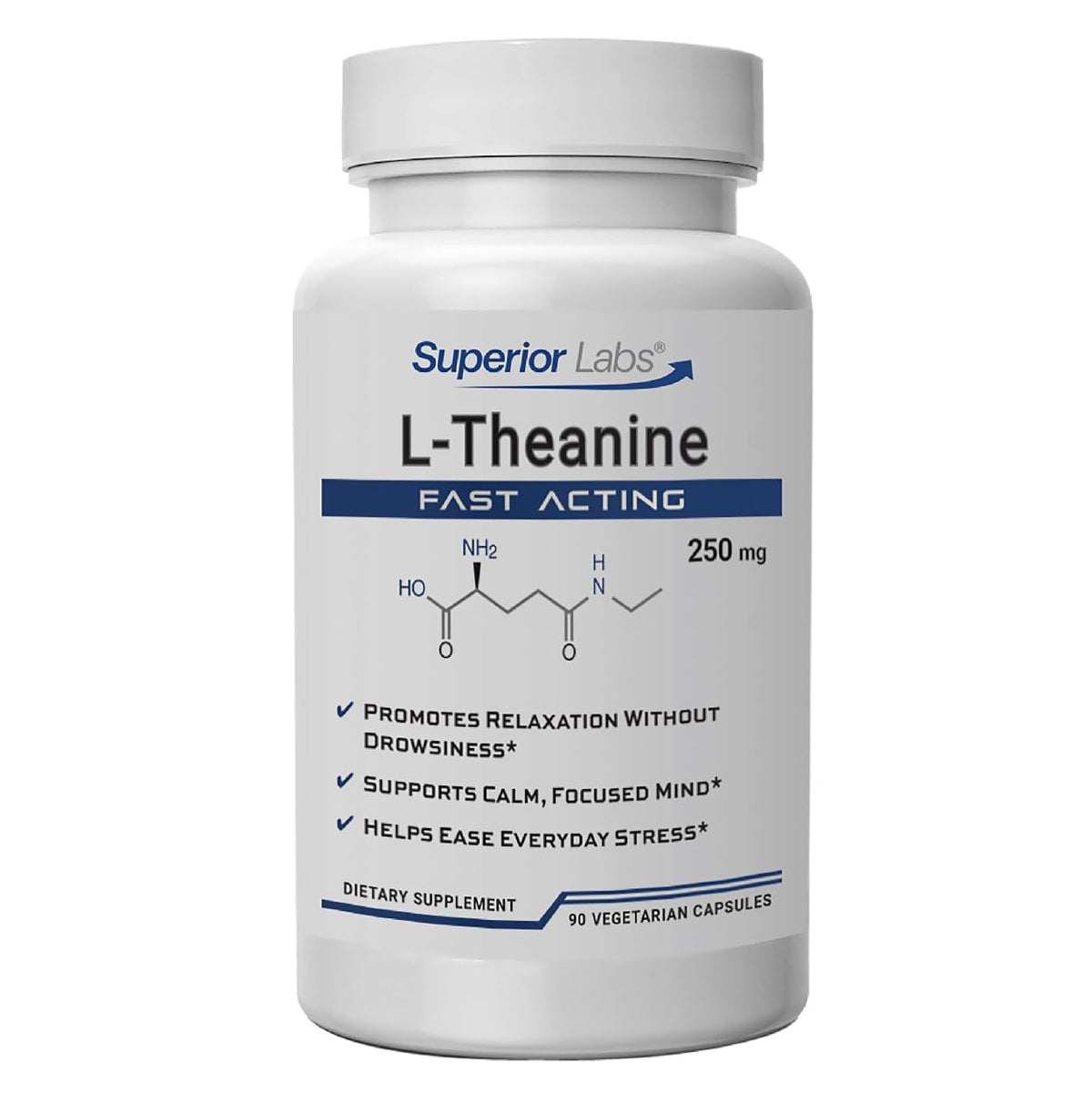 Superior Labs L-Theanine: cápsulas en botella vegana para uso diario y relajación suave.