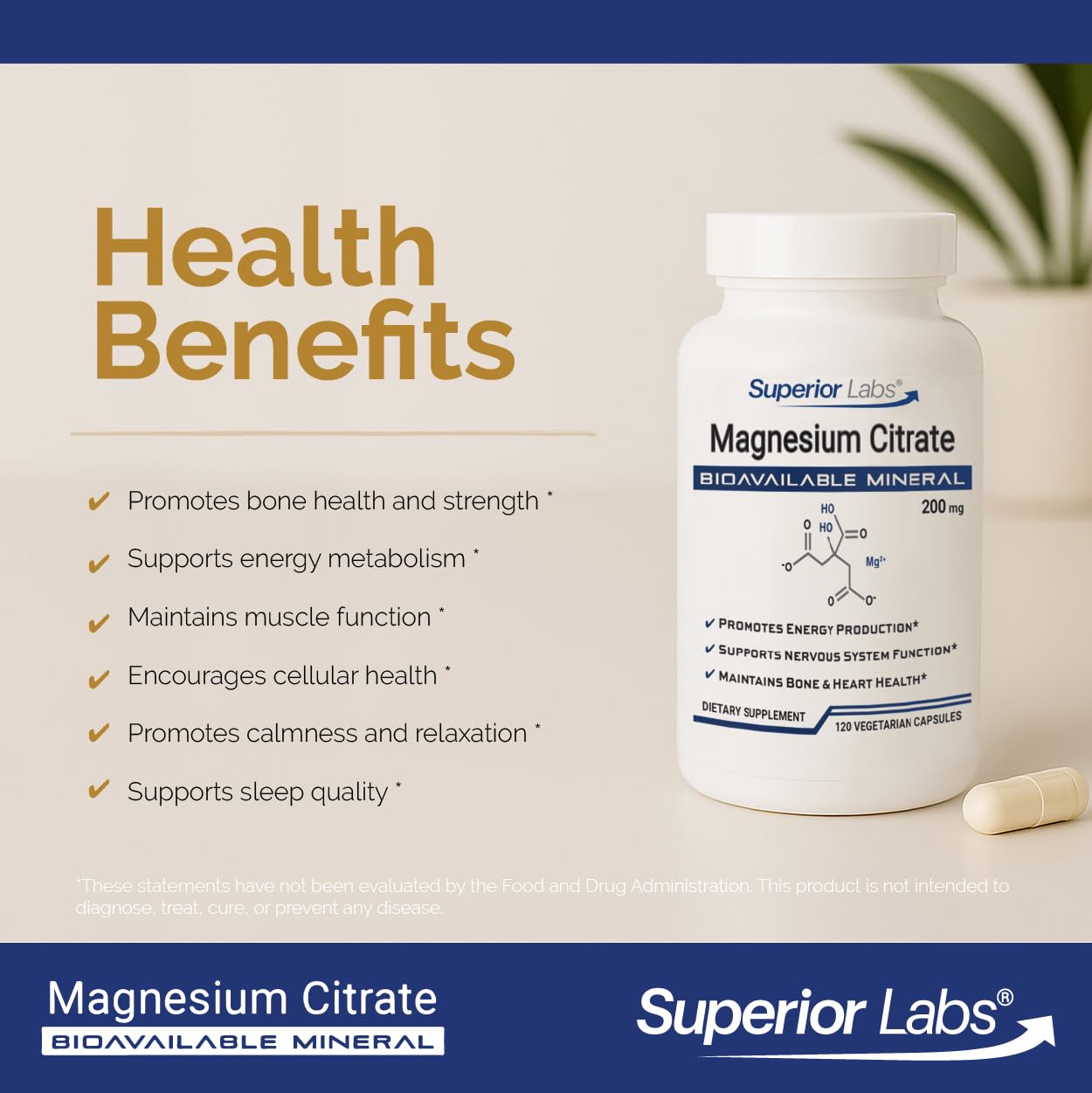 Etiqueta frontal de Superior Labs Magnesio Citrato con dosis clara.