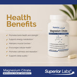 Etiqueta frontal de Superior Labs Magnesio Citrato con dosis clara.