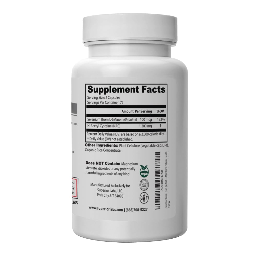 Etiqueta frontal de NAC 1200 mg de Superior Labs con indicación clara.