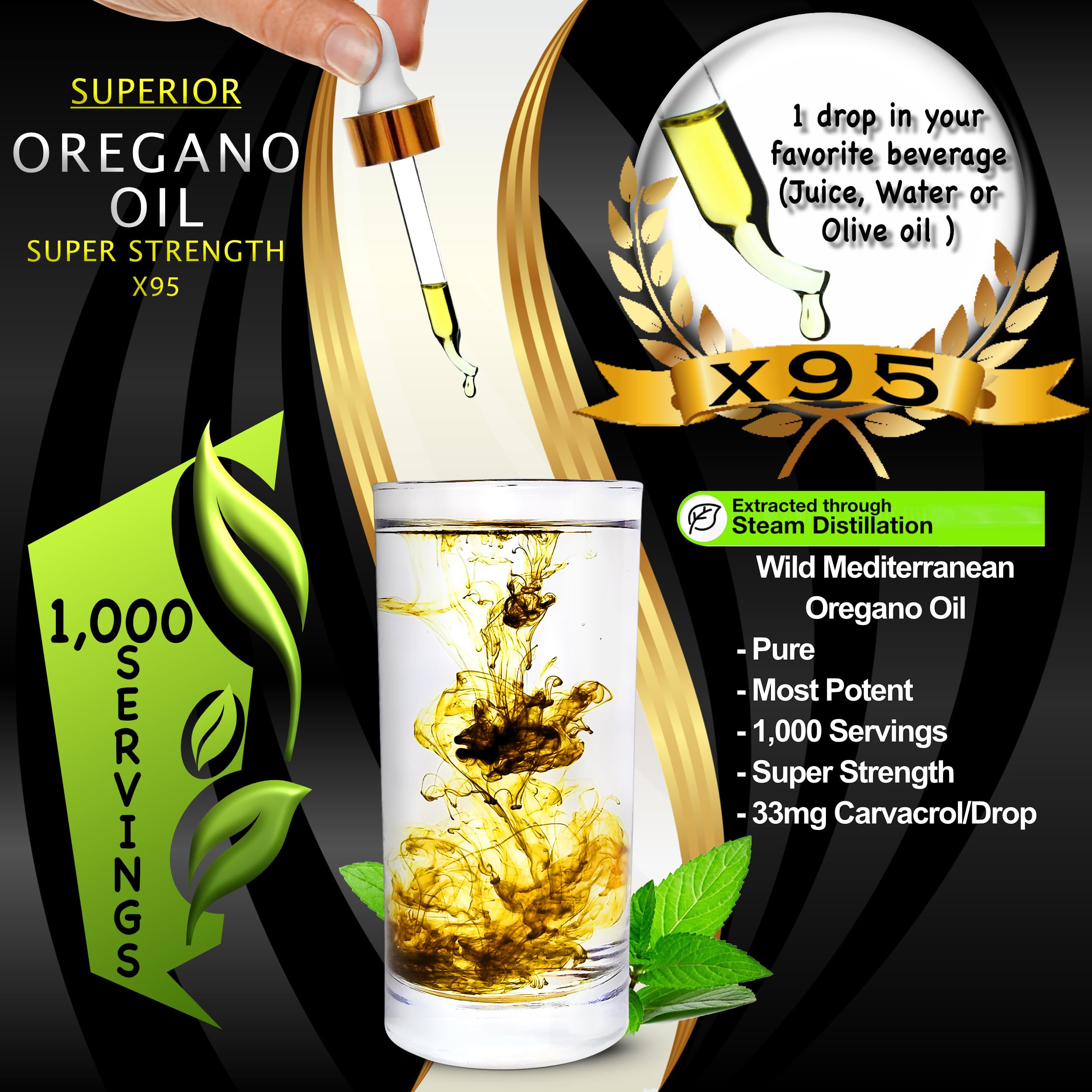 Gotas de aceite de orégano Superior con gotero preciso para dosis sencillas.