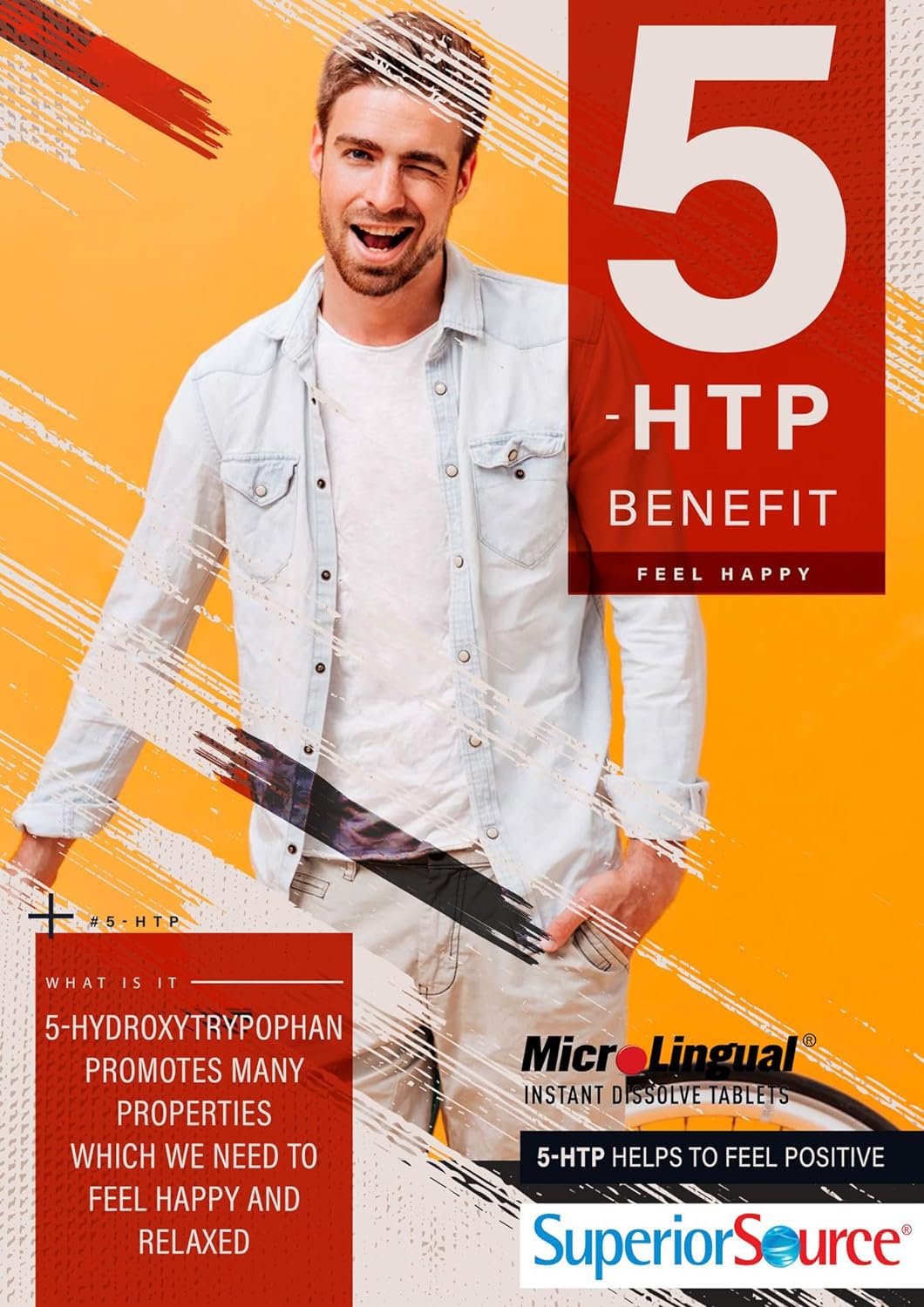 Superior Source 5-HTP: etiqueta clara con beneficios posibles