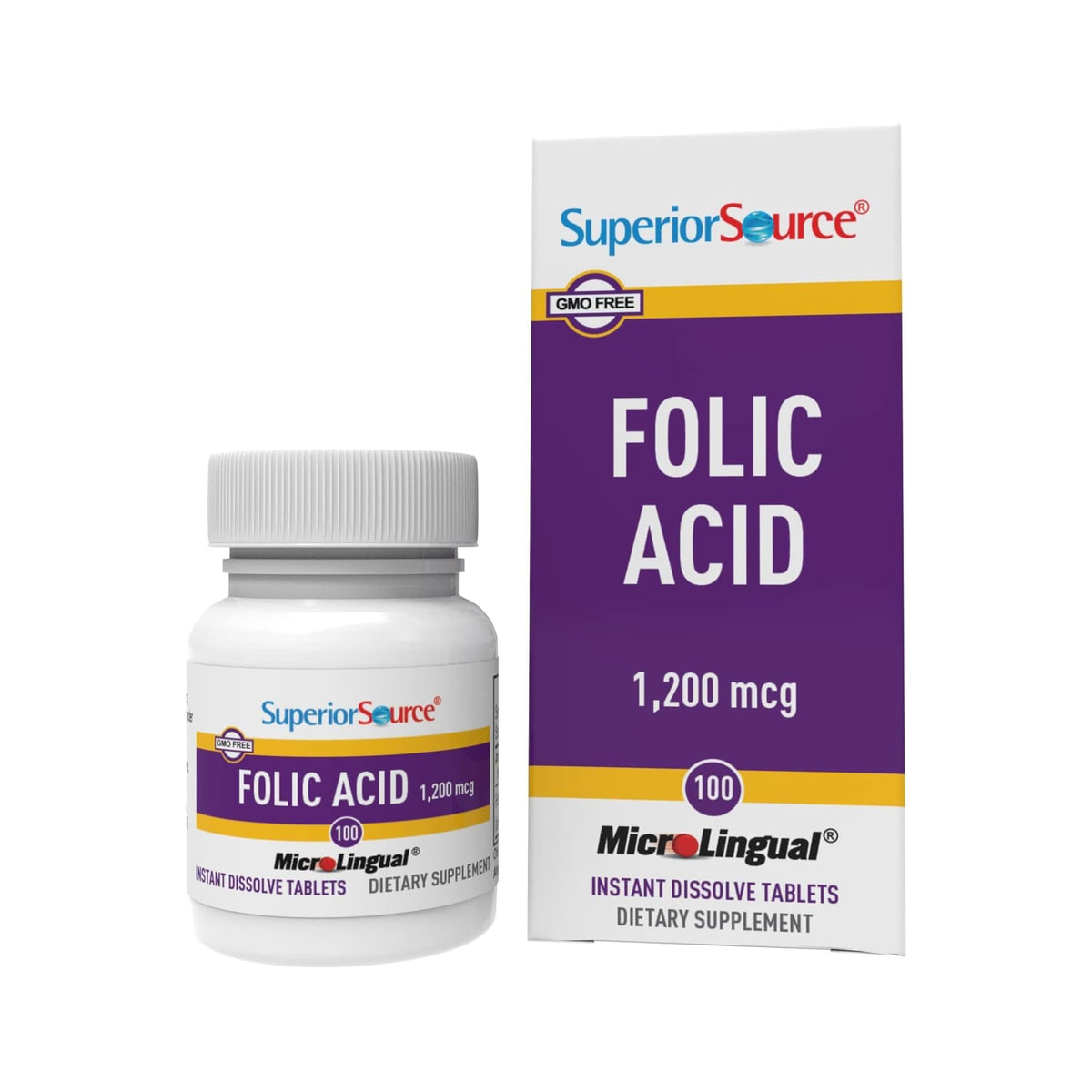 Superior Source ácido fólico 1200 mcg, tabletas sublinguales para absorción rápida y conveniente.