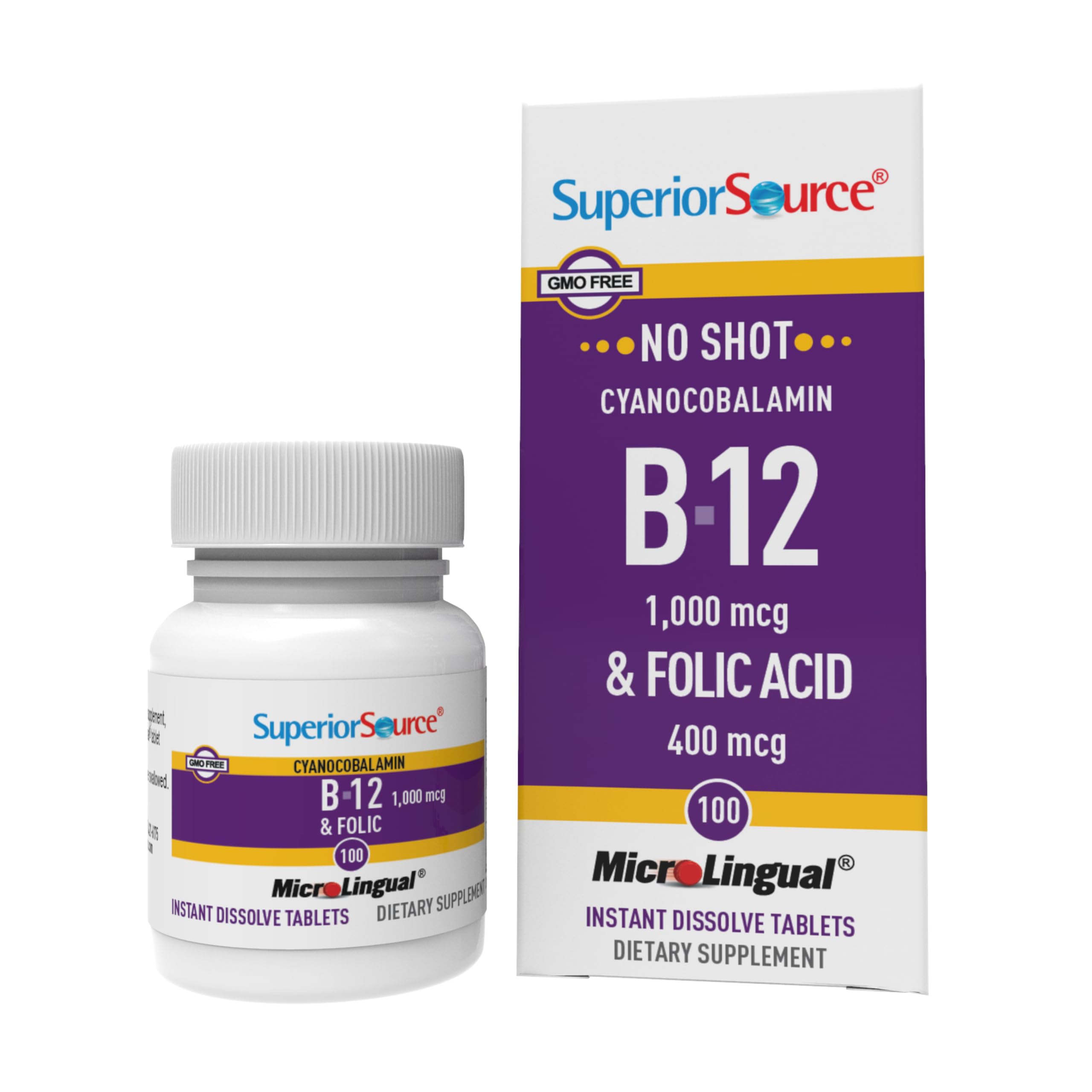Superior Source tableta B12 cianocobalamina 1000 mcg para energía.