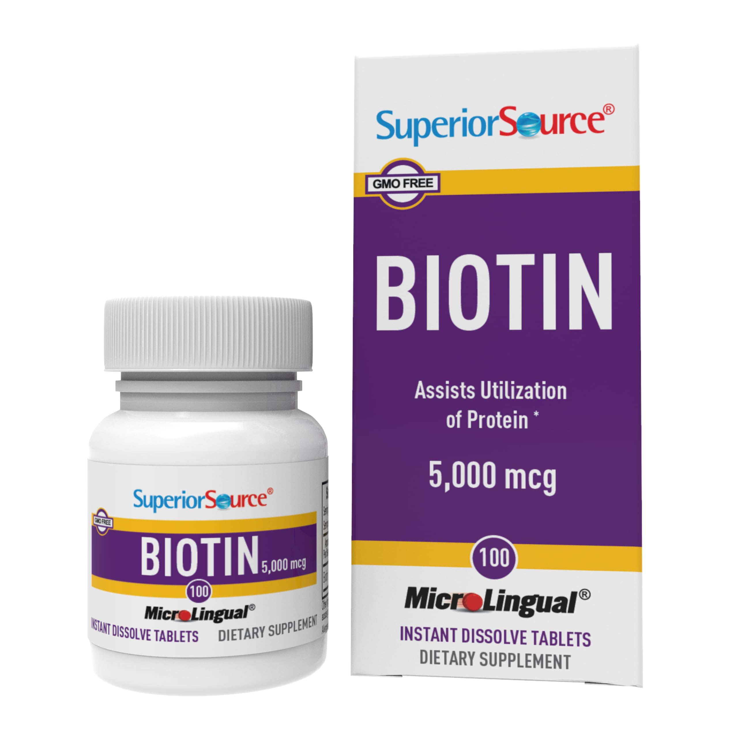 Biotina Superior Source 5000 mcg, tableta sublingual de disolución rápida para uso diario.