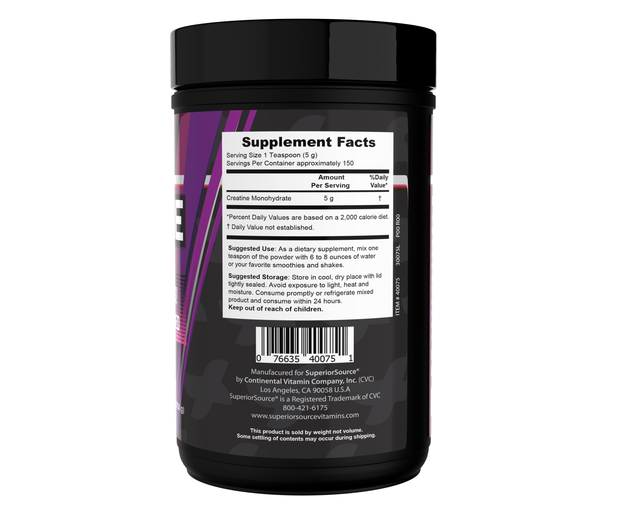 Etiqueta frontal de Superior Source Creatine Monohidrato mostrando el envase
