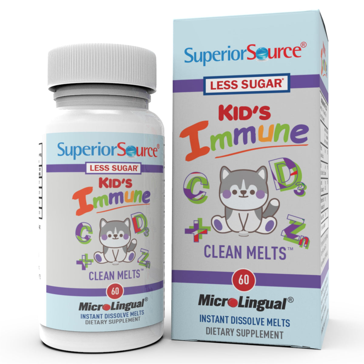 Superior Source tableta sublingual para niños en frasco, apoyo inmunitario diario.