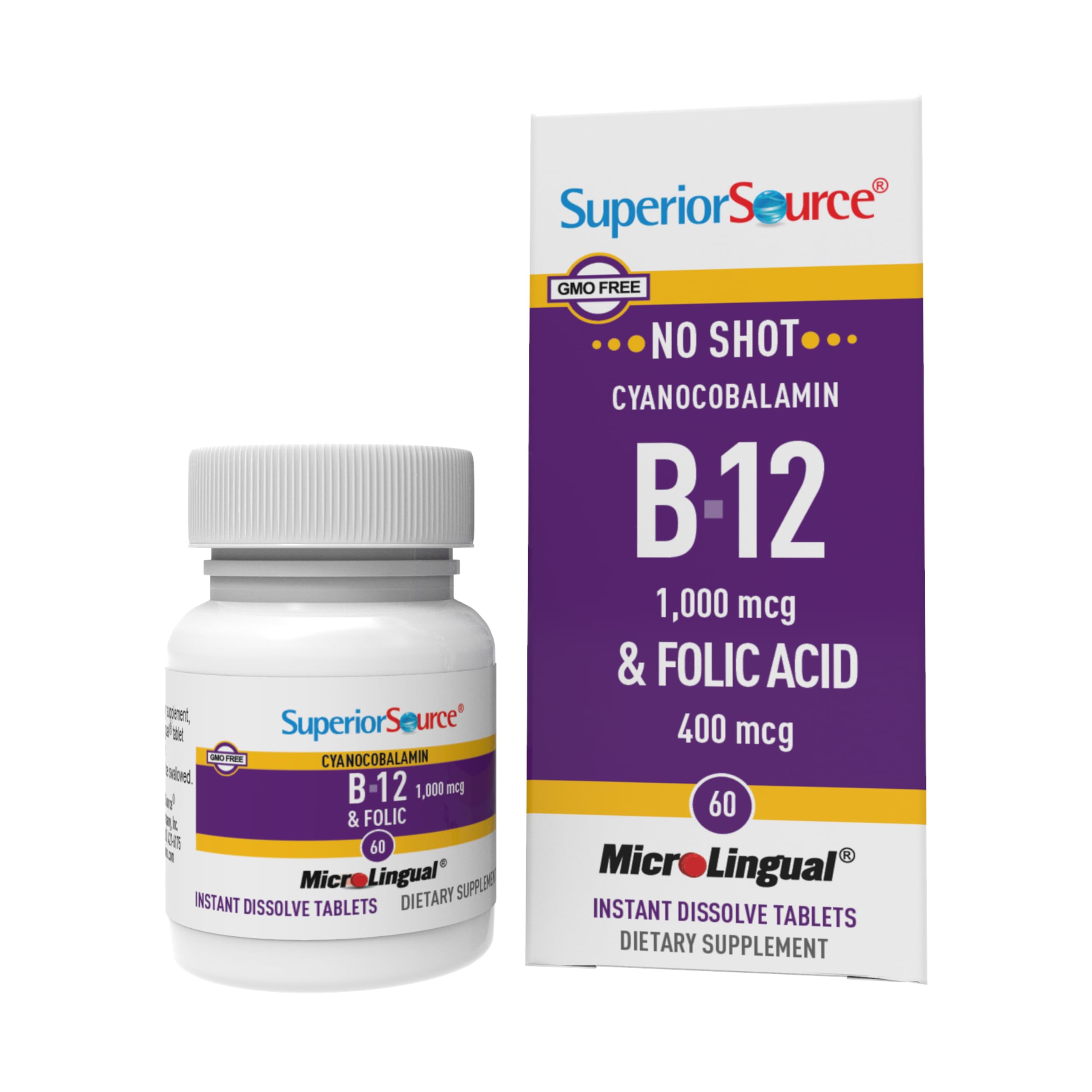 Superior Source No Shot B12 folato, tableta sublingual para absorción rápida.