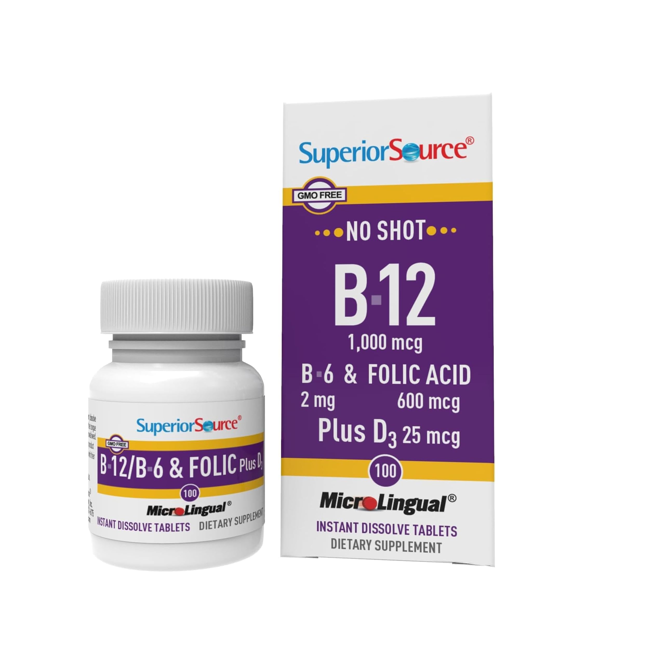 Superior Source tableta sublingual B12-B6-D3 para absorción rápida.