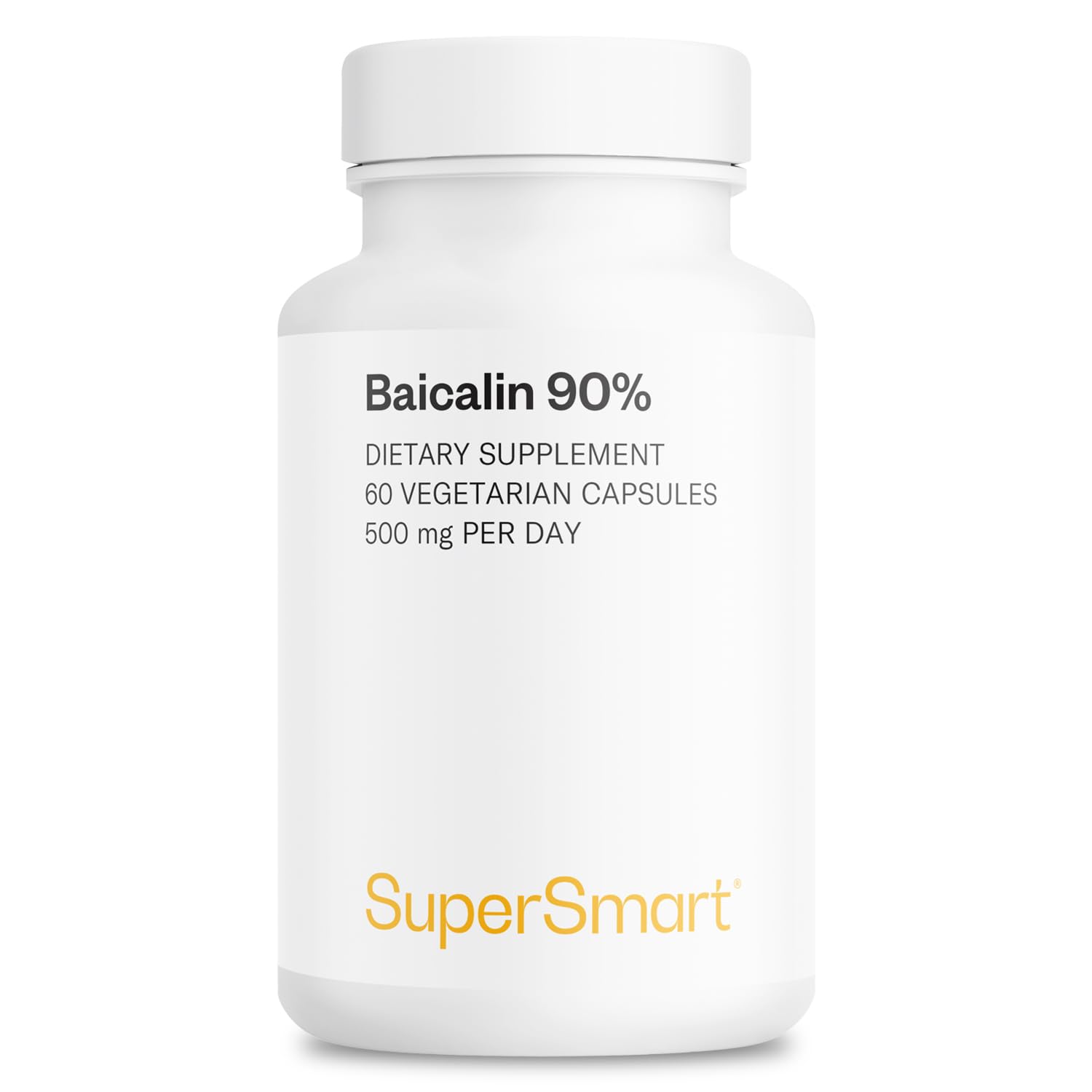 Supersmart Baicalina 90% cápsulas frente al frasco para uso diario.