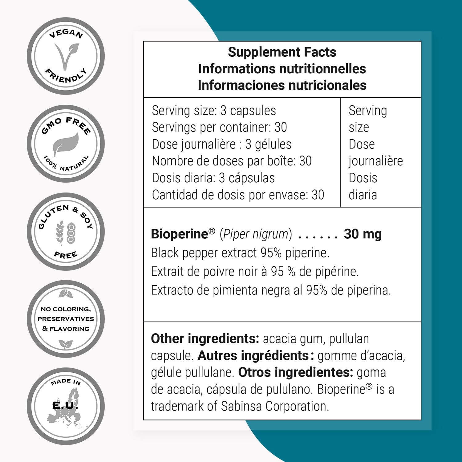 Extracto de Piper nigrum al 95% de piperina, ingrediente clave.