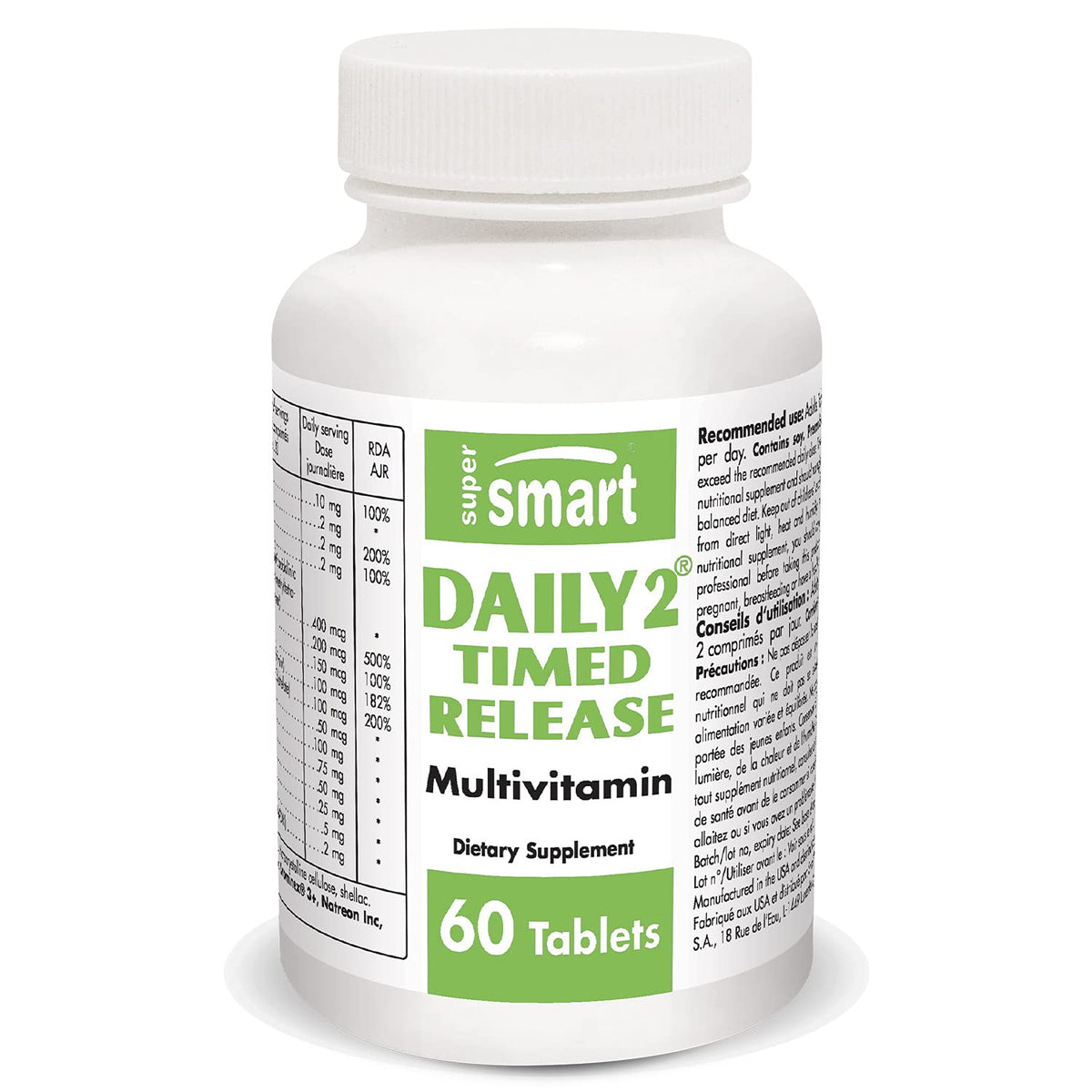 Supersmart Daily2 Timed Release: frente del bote con tabletas para apoyo diario de nutrientes