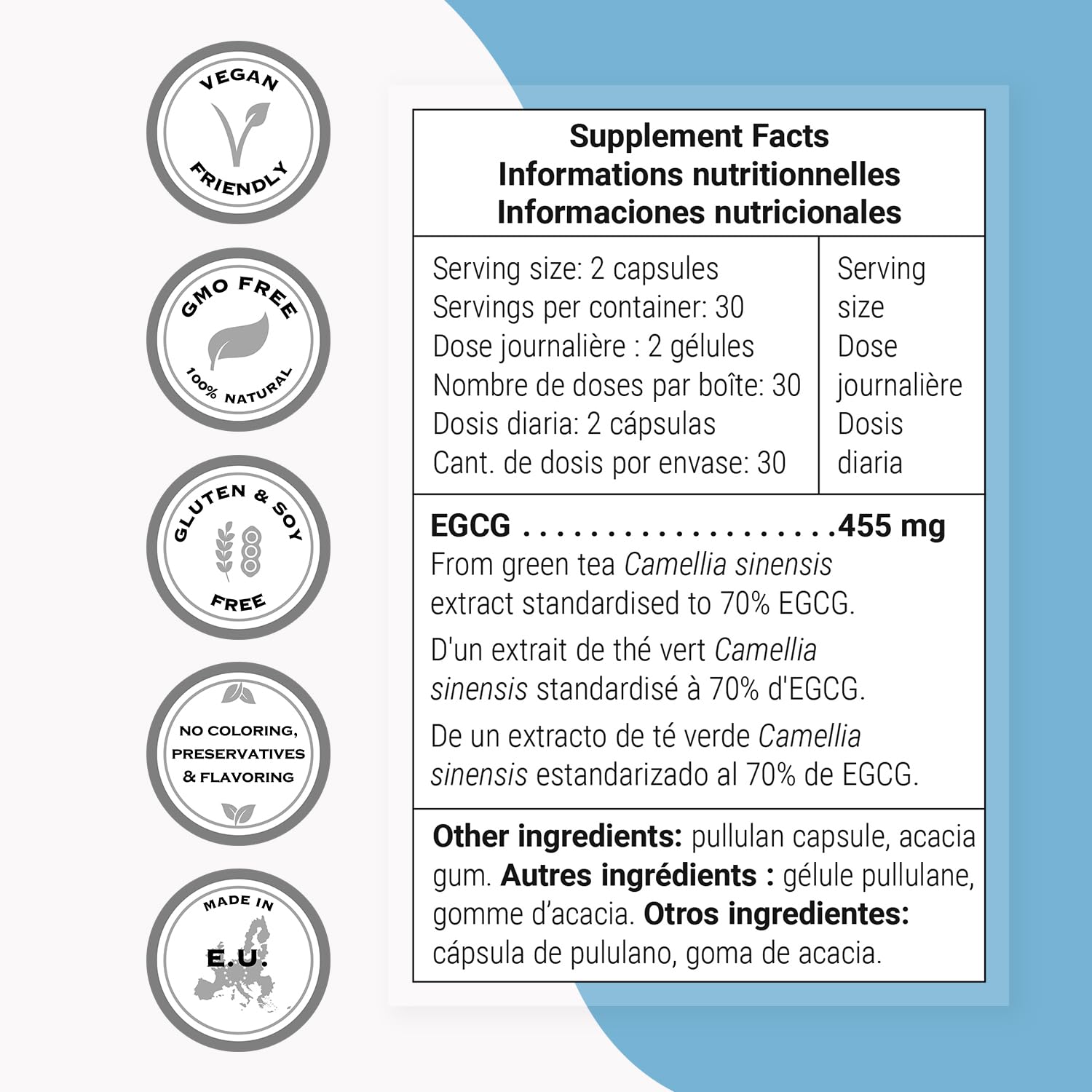 Supersmart EGCG dosis diaria de 2 cápsulas para consumo práctico.