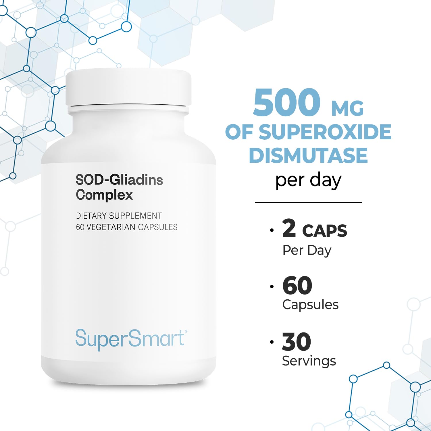 Capsulas de liberación lenta de Supersmart SOD-Gliadins Complex para toma matutina.