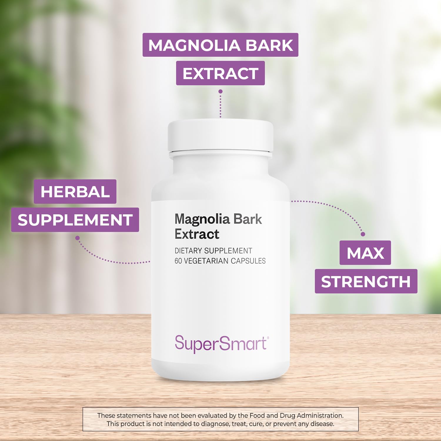 Supersmart Magnolia Bark: etiqueta del producto que destaca honokiol y magnolol.