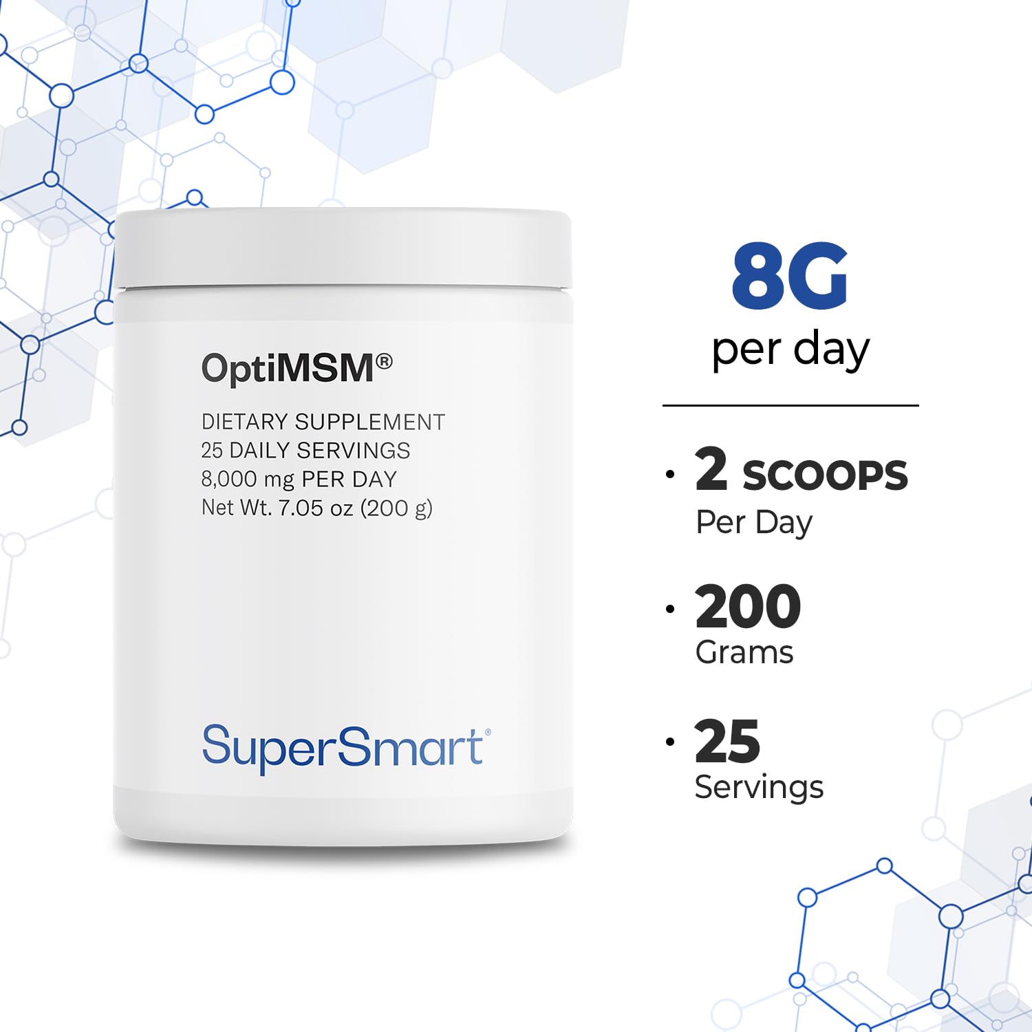 Supersmart OptiMSM empaque: envase seguro para la rutina diaria.