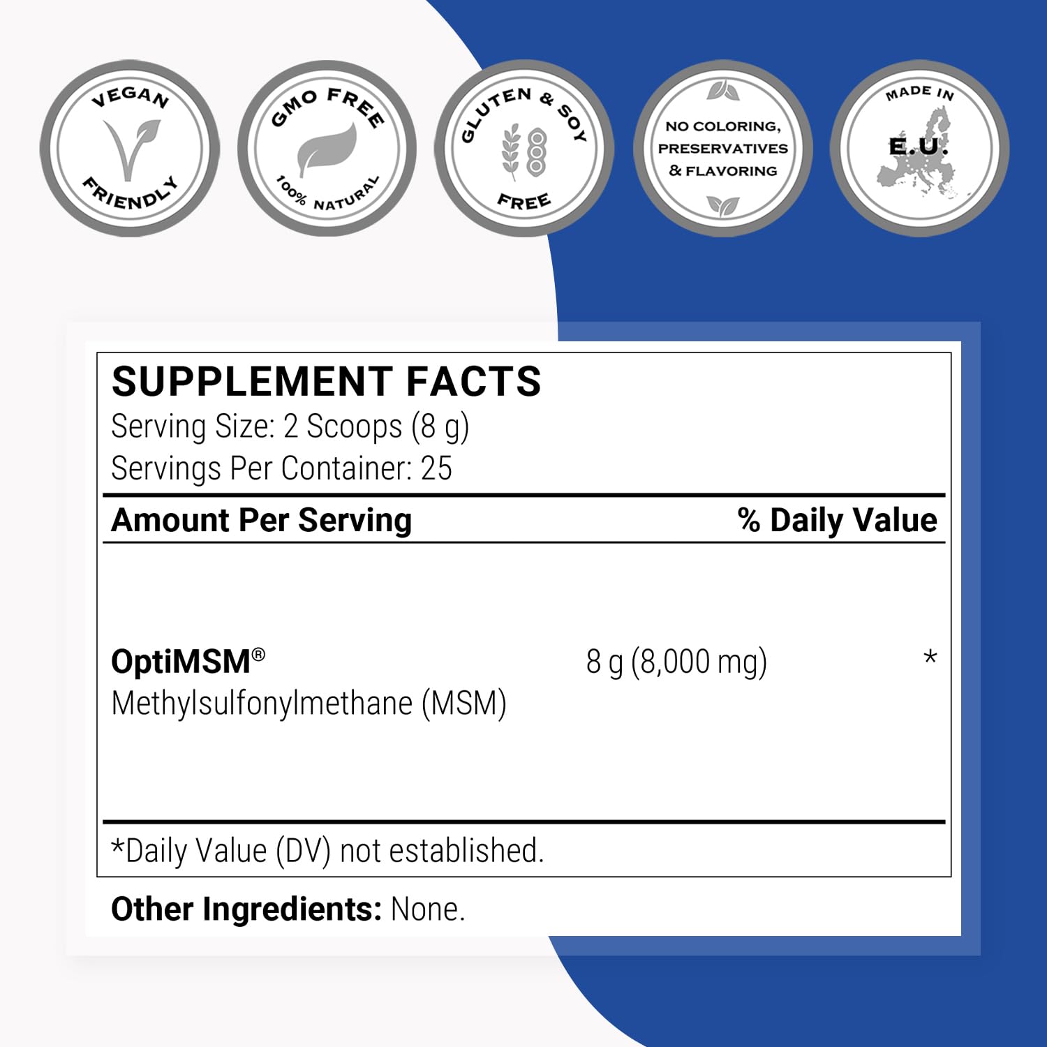 Supersmart OptiMSM etiqueta: información clara de ingredientes y uso.