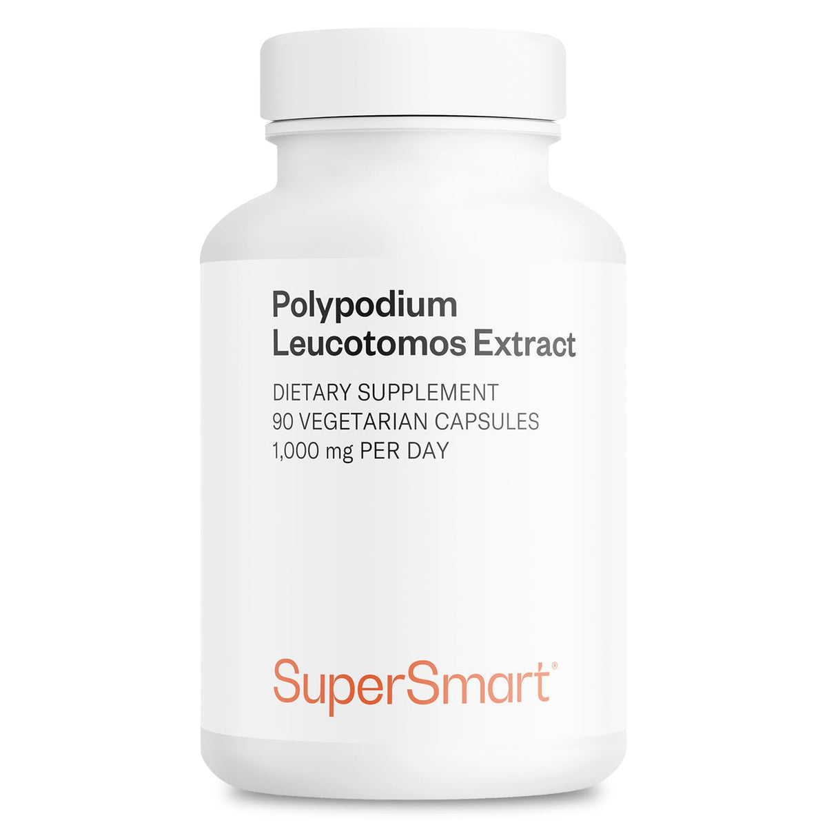 Botella de Supersmart Polypodium Leucotomos para uso diario y cuidado de la piel.