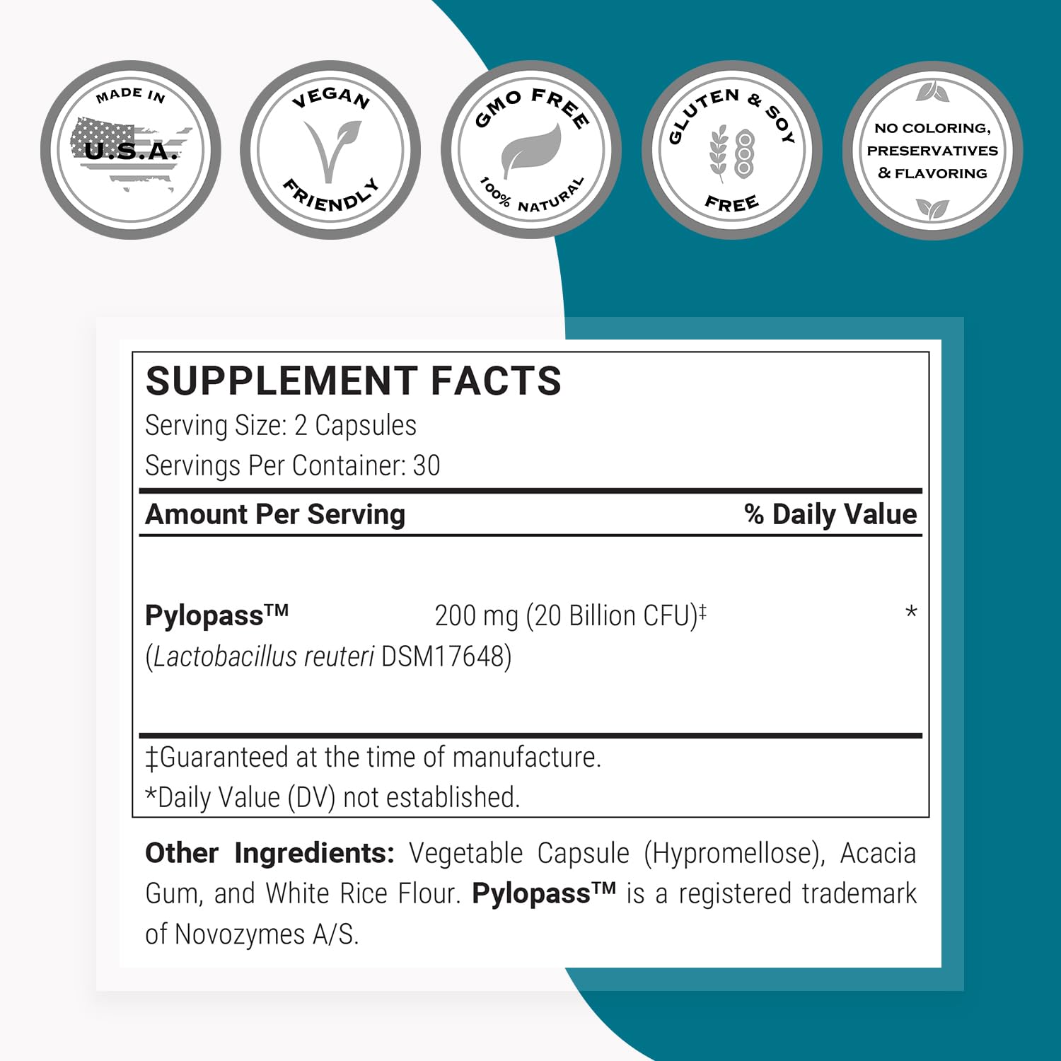 Supersmart Probiotico DSM17648, empaque con certificaciones de calidad.