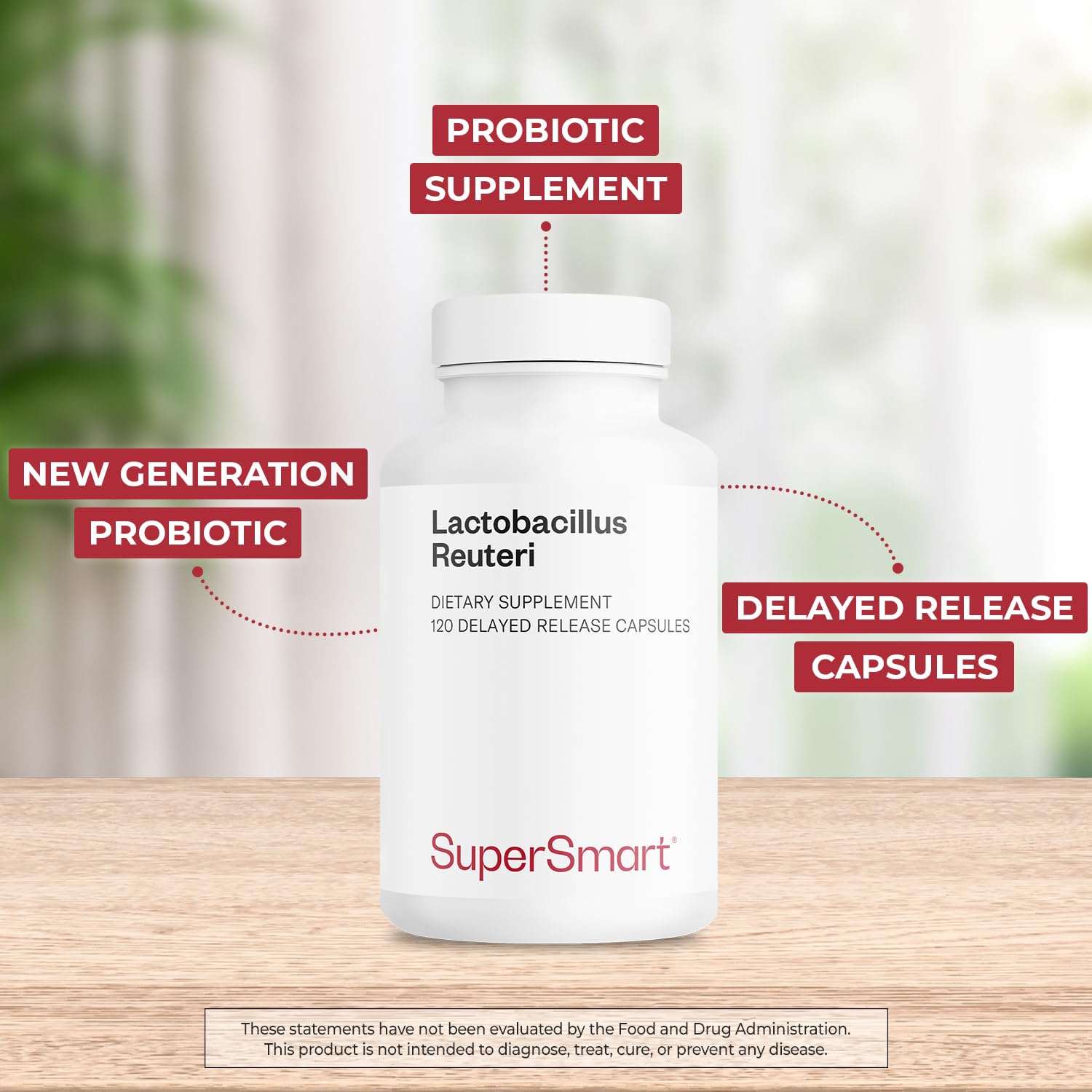 Supersmart probiótico Lactobacillus Reuteri en cápsulas para cuidado digestivo.