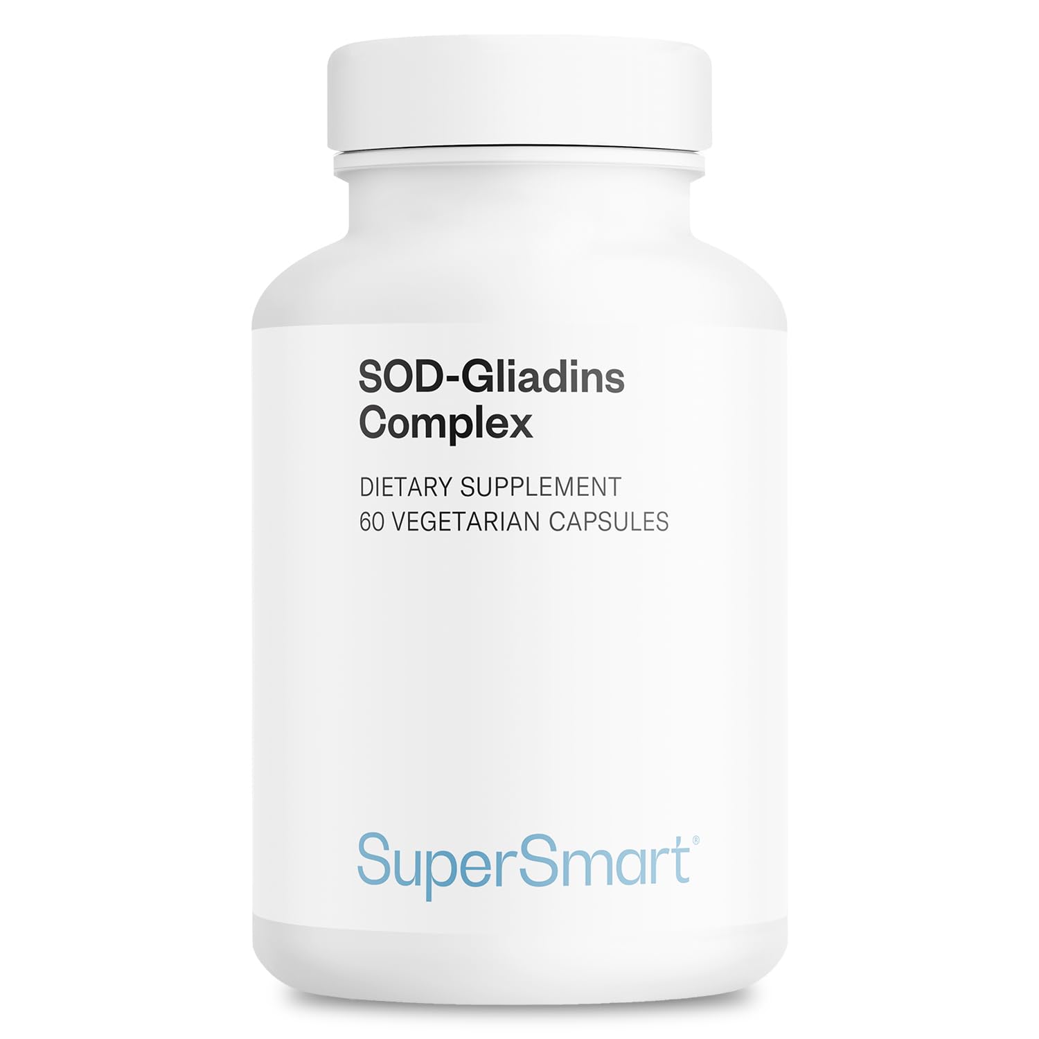 Supersmart SOD-Gliadins Complex, cápsulas vegetarianas para apoyo antioxidante diario.