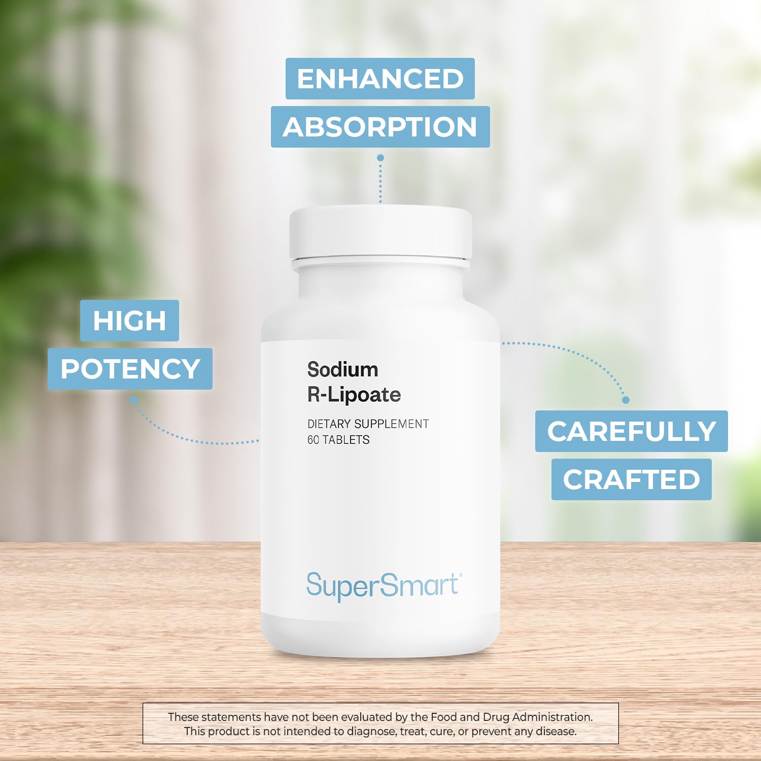 Supersmart Sodio R-Lipoato: tabletas compactas para dosificación diaria.