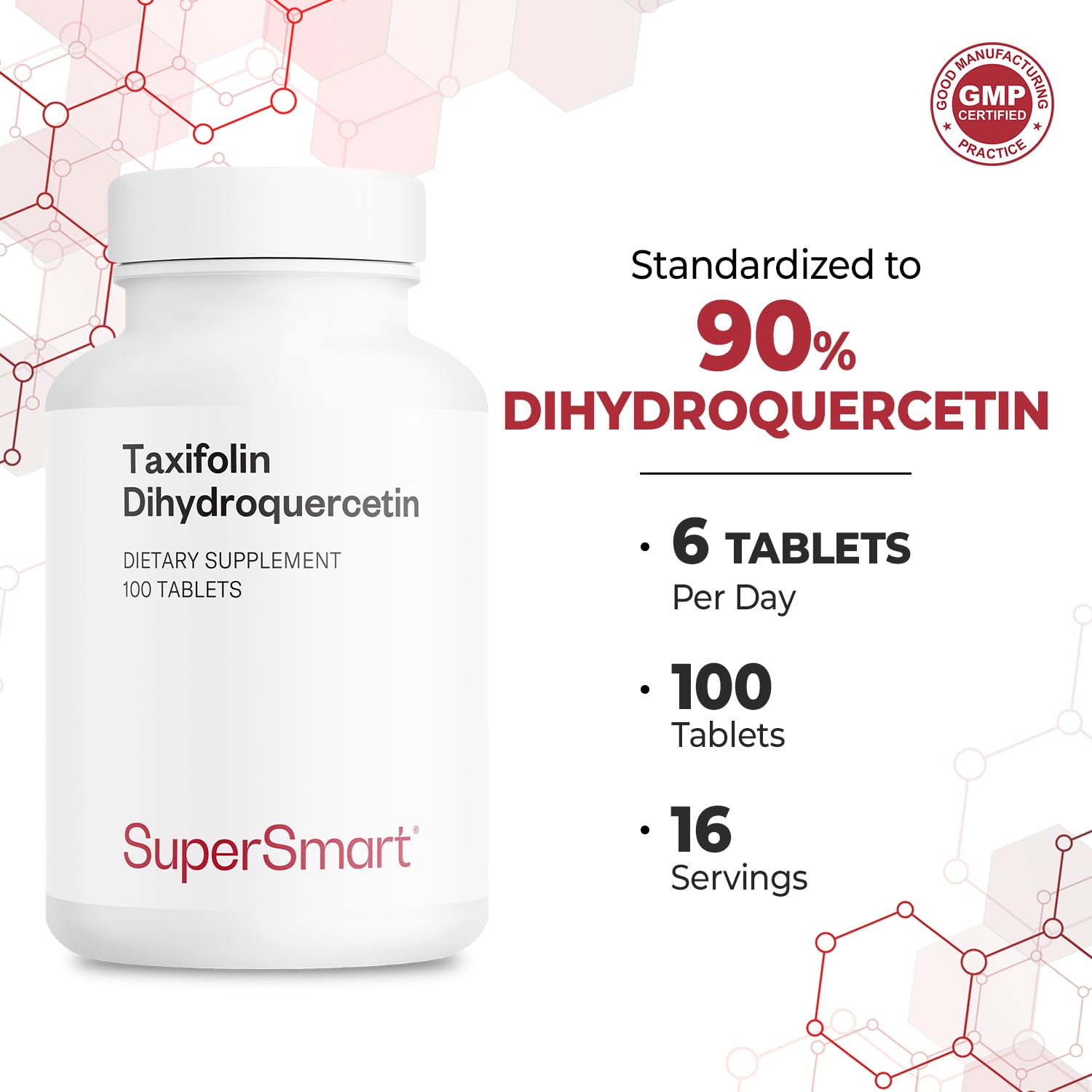 Ingredientes claros de Supersmart Taxifolín Dihidroquercetina en la etiqueta.