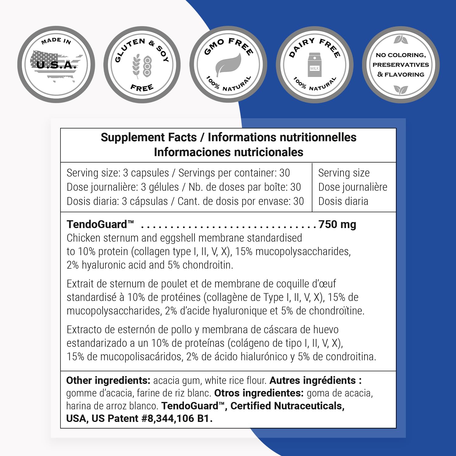 Supersmart Tendo-Fix ingredientes hialurónico, condroitina y colágeno para sinergia potencial.
