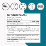 Etiqueta de Supersmart Zinc L-Carnosina con composición y dosis legible.