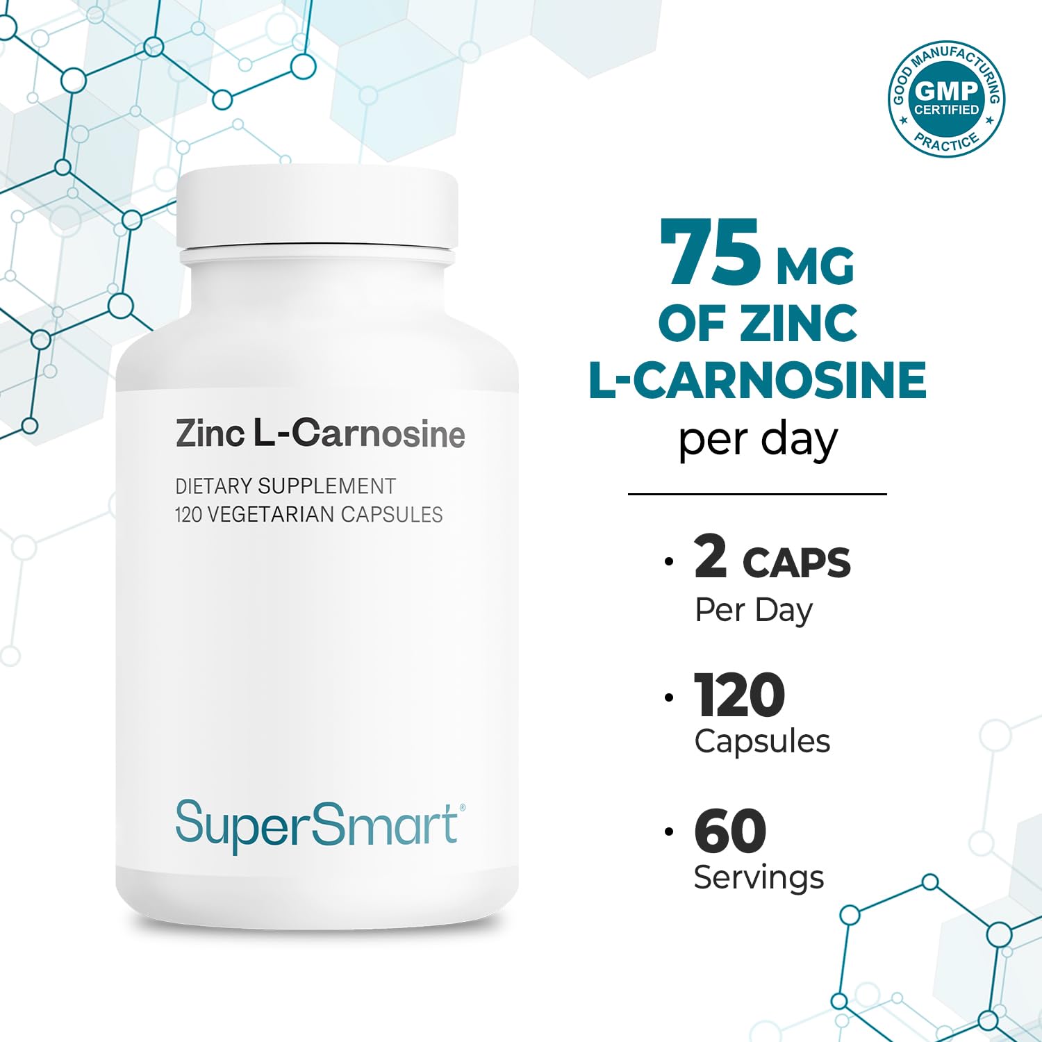 Cápsulas de Supersmart Zinc L-Carnosina sobre mesa, fácil de incorporar a la rutina.