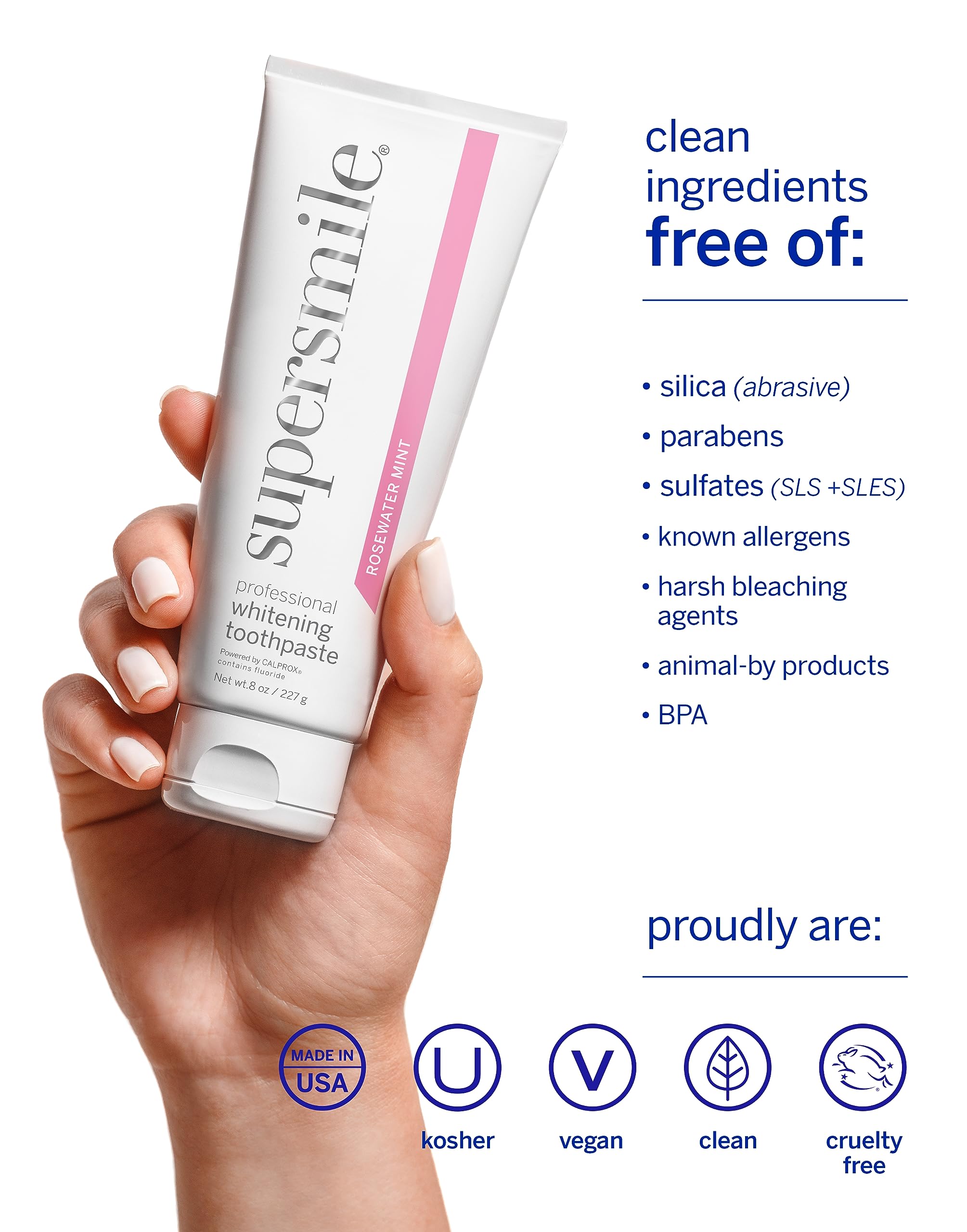 Supersmile Rosewater Mint, caja presentada, fórmula profesional.