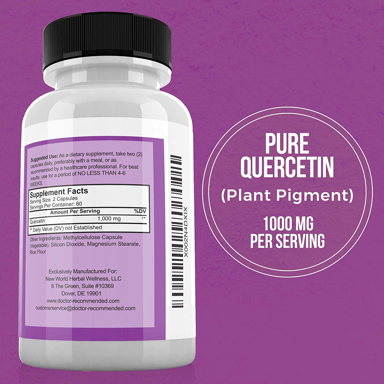 Suplementos Recomendados por Doctores Quercetina 1000 mg, envase de 120 cápsulas.