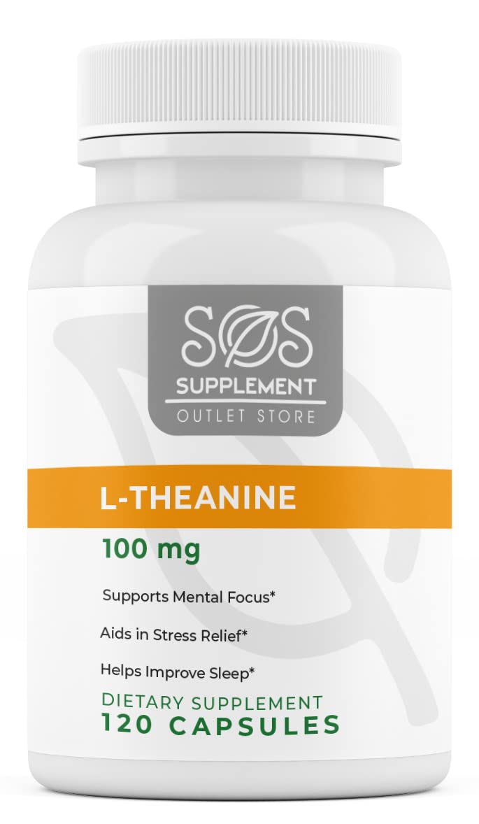 SOS L-Theanine de Supplement Outlet Store en caja, foco en el empaque y claridad de información.