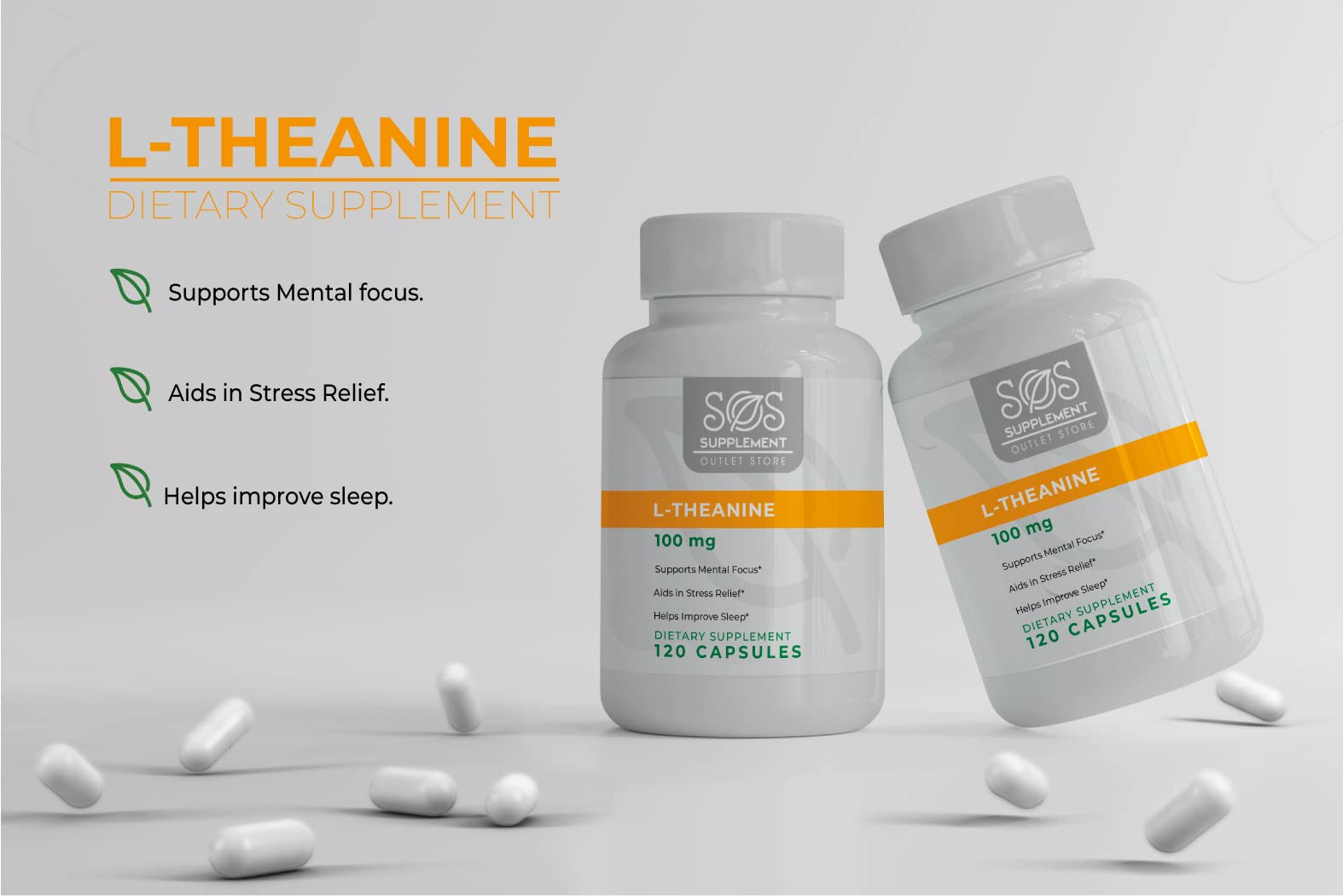 SOS L-Theanine de Supplement Outlet Store cápsulas en primer plano, dosis de 100 mg destacada.