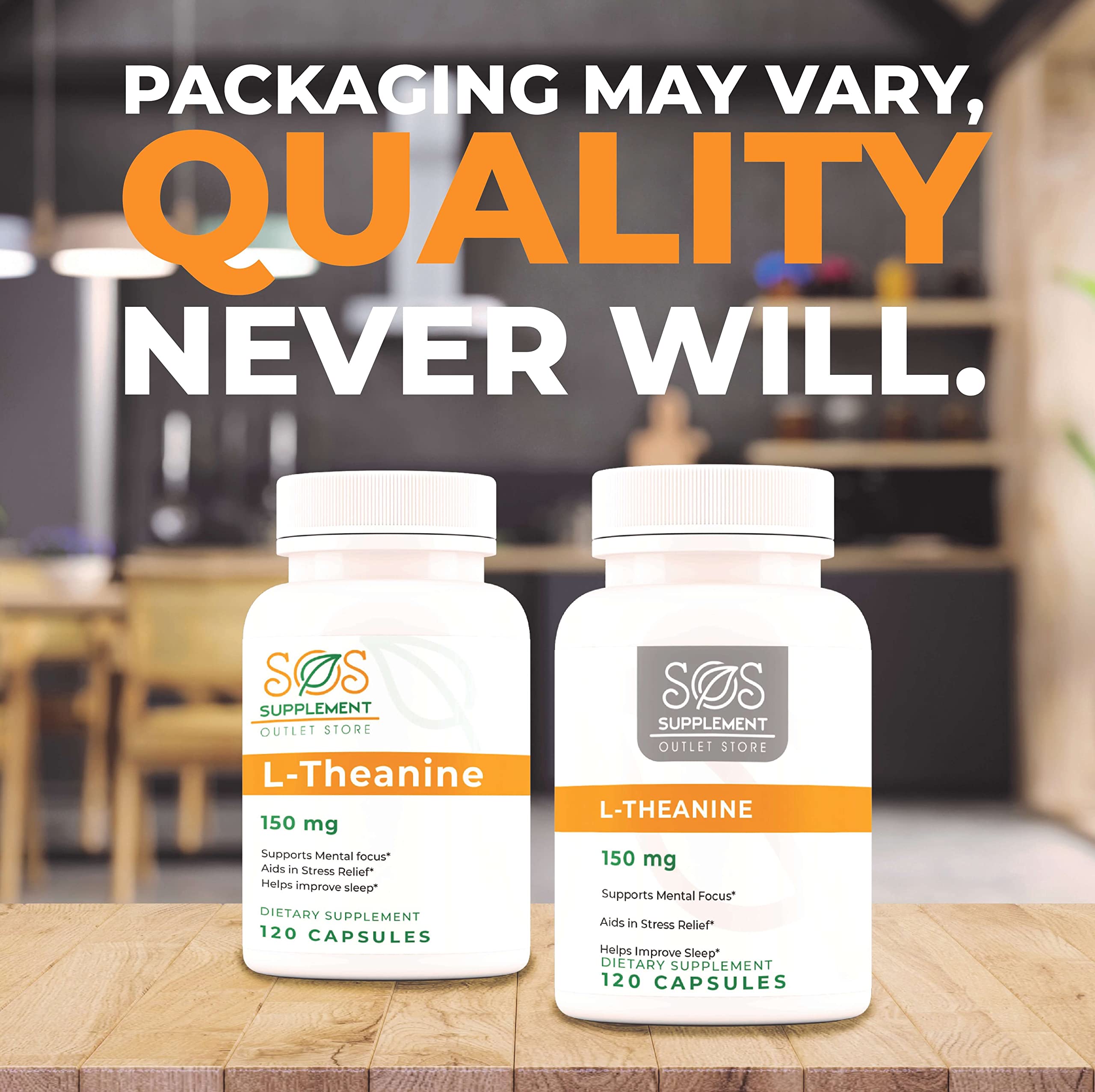 SOS L-Theanine de Supplement Outlet Store empaque compacto, perfecto para bolso.