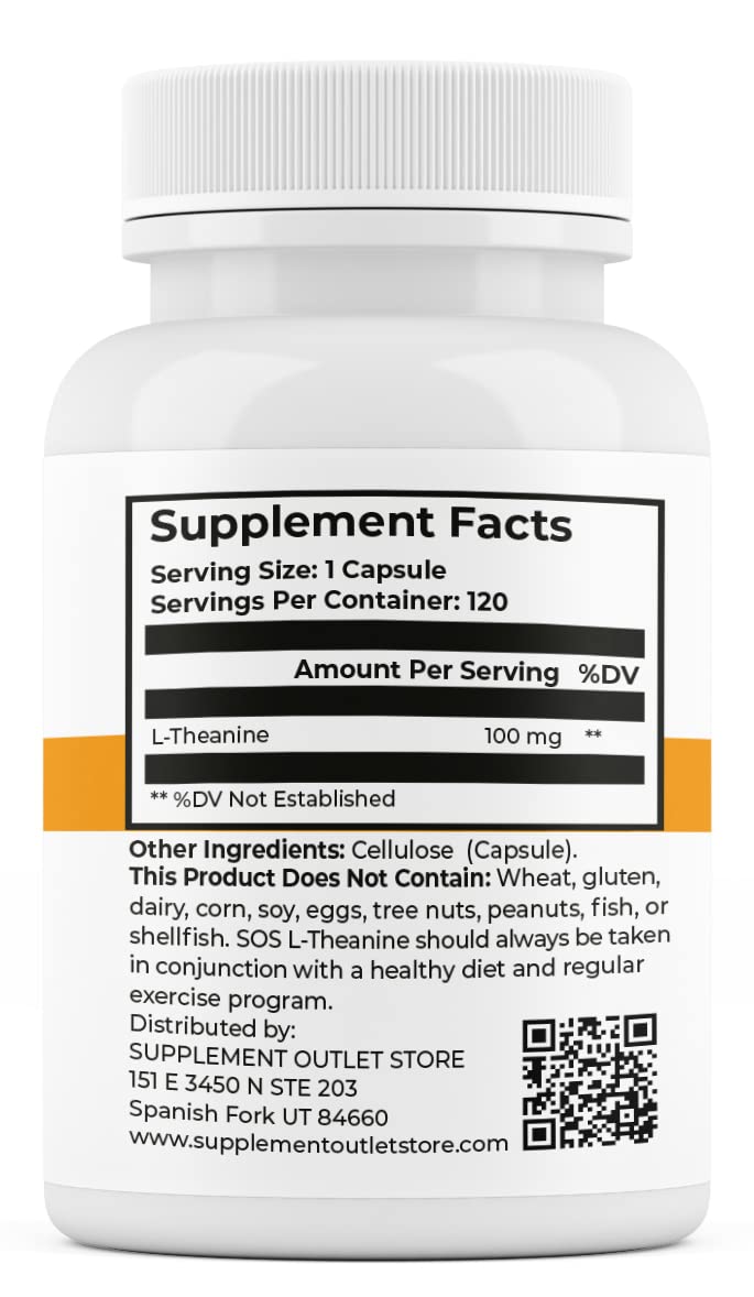 SOS L-Theanine de Supplement Outlet Store etiqueta frontal, muestra dosis y uso recomendado.