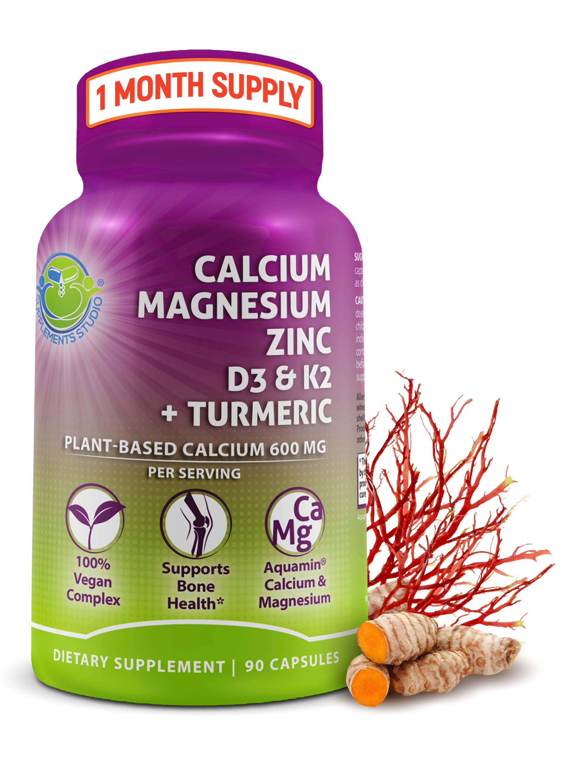 SUPPLEMENTS STUDIO calcio vegetal 600mg en botella, apoyo para huesos y músculos.