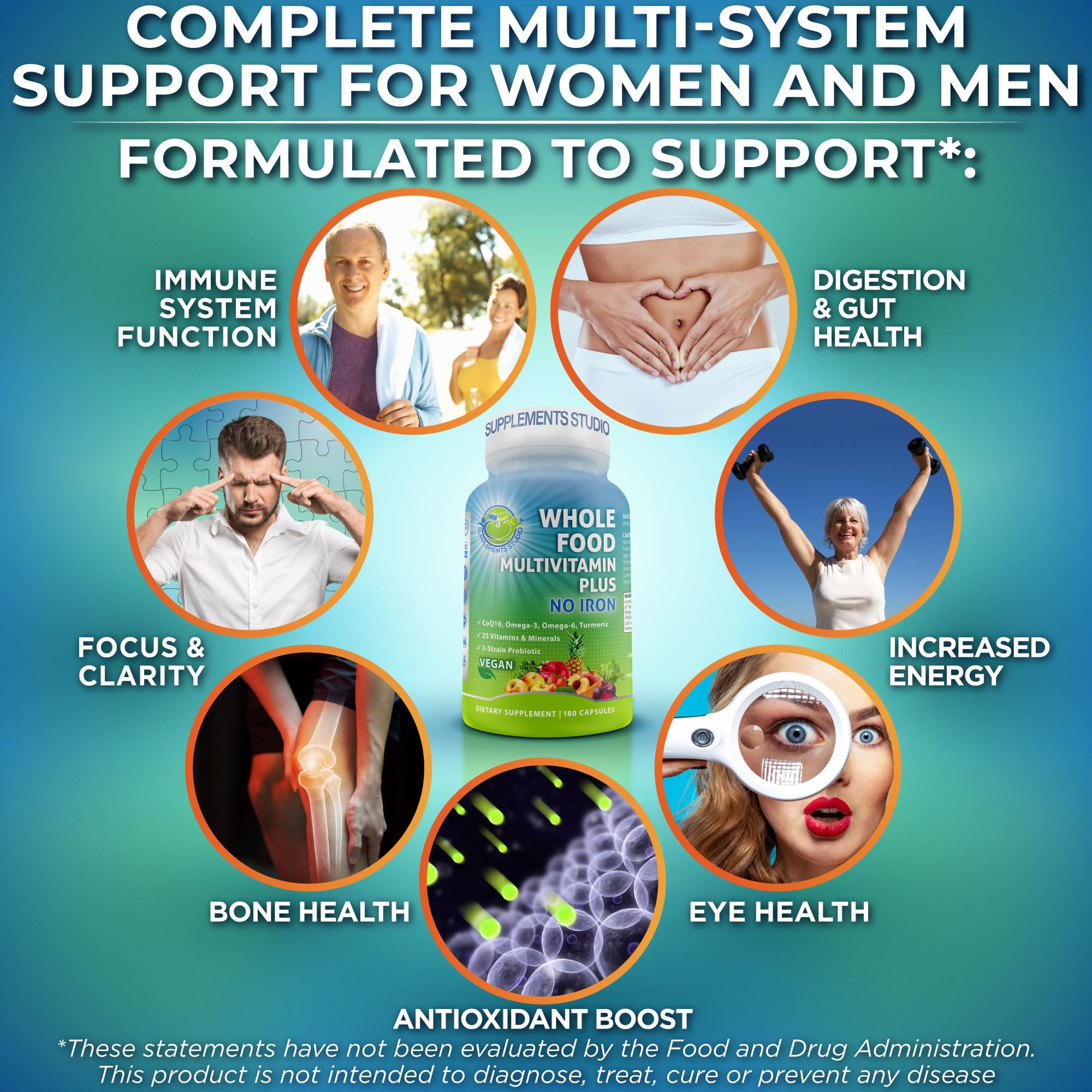 SUPPLEMENTS STUDIO Multivitamin ingredientes frutas vegetales, nutrición limpia para el día.