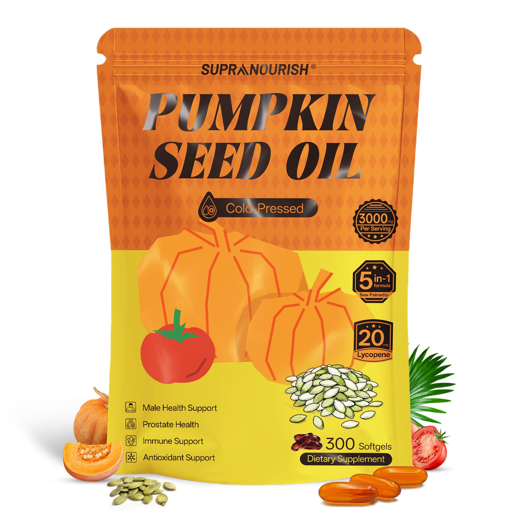 Supranourish aceite de calabaza 3000 mg en botella, posible apoyo para bienestar diario.