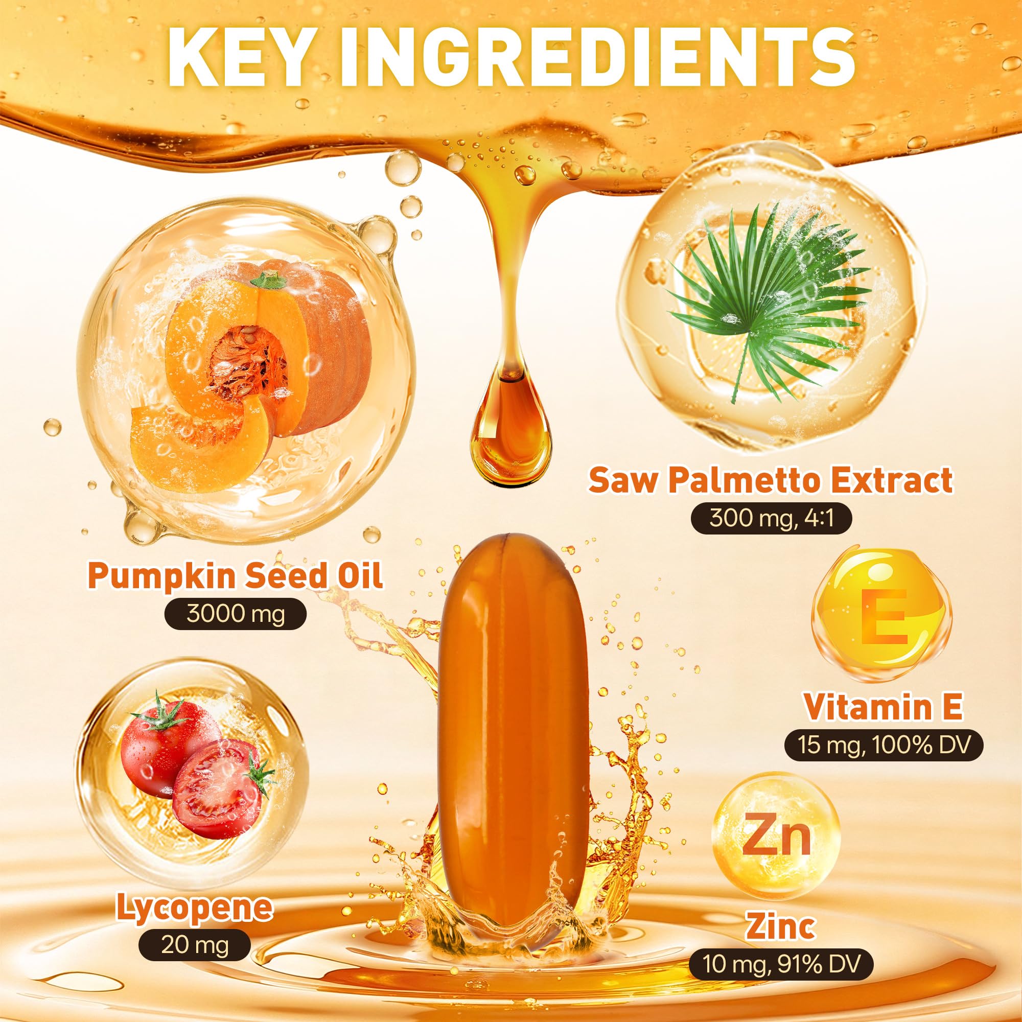 Etiqueta con nutrientes lycopeno, zinc y vitamina E para balance nutricional.