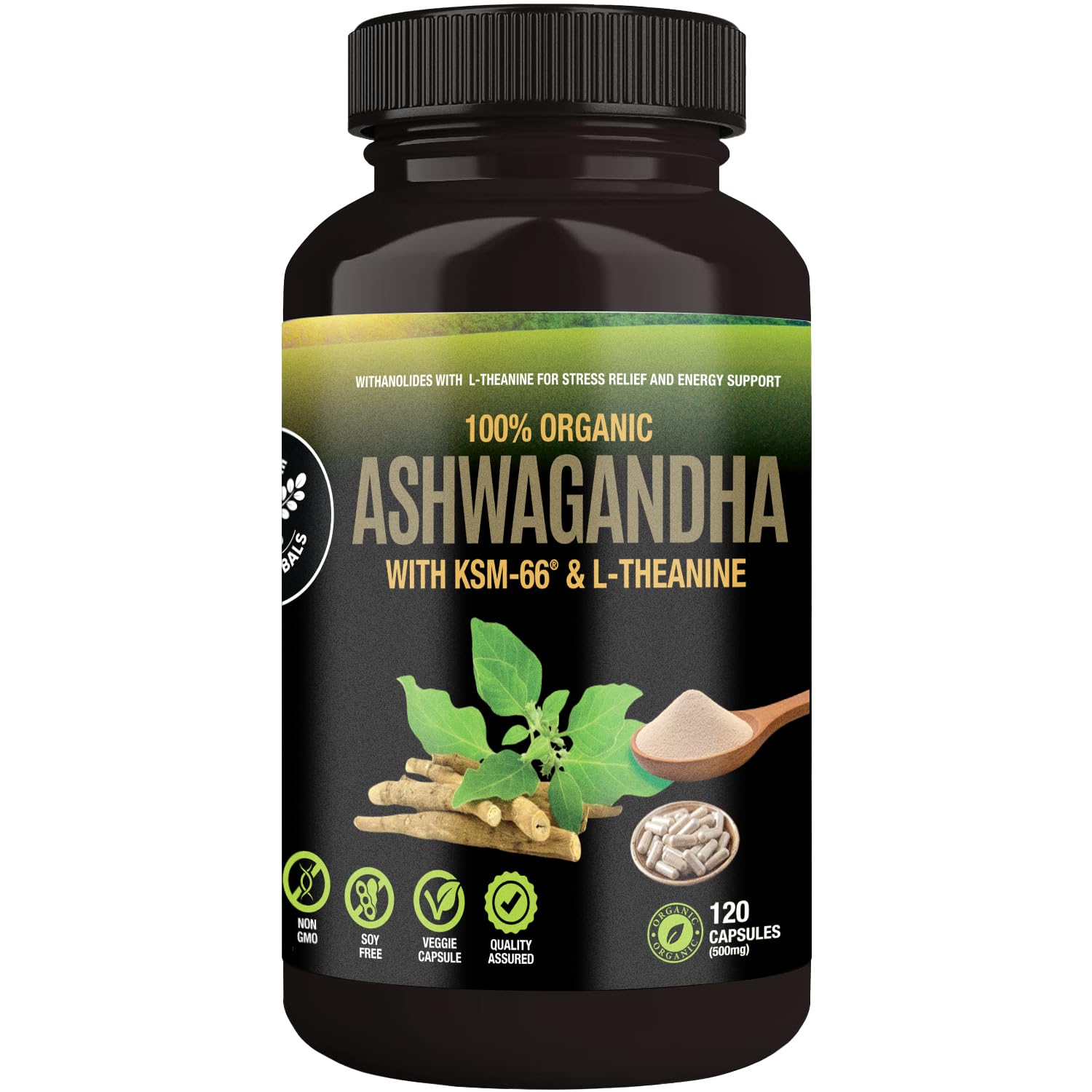 Supreme Herbals: botella de cápsulas de ashwagandha lista para uso diario.