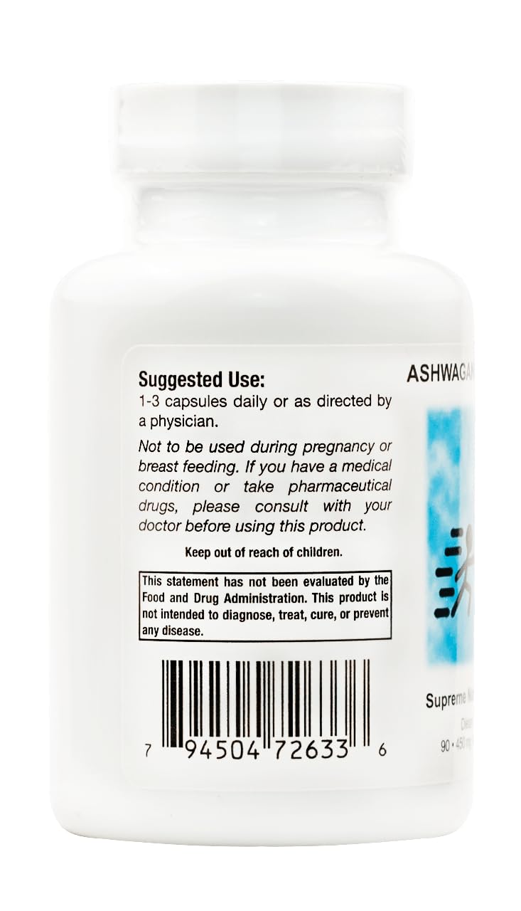 Supreme Nutrition Ashwagandha Supreme, etiqueta trasera, ingredientes puros sin rellenos para consumo consciente.