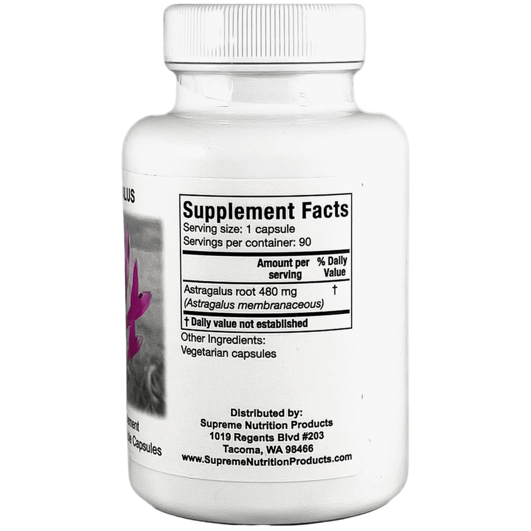 Etiqueta clara de Supreme Nutrition Astragalus Supreme mostrando ingredientes y pureza.