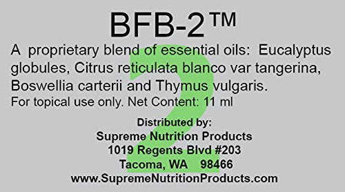Supreme Nutrition BFB-2 etiqueta detalle, información clara de aceites esenciales puros.